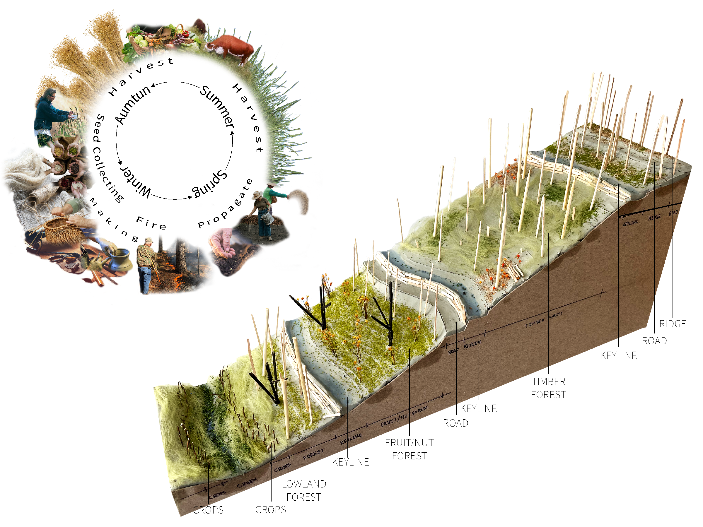 Seasonal dial delineating the cycle of community activities in the upper left corner and a sectional model of the spatial relationship of agricultural practices from the valley to the ridge