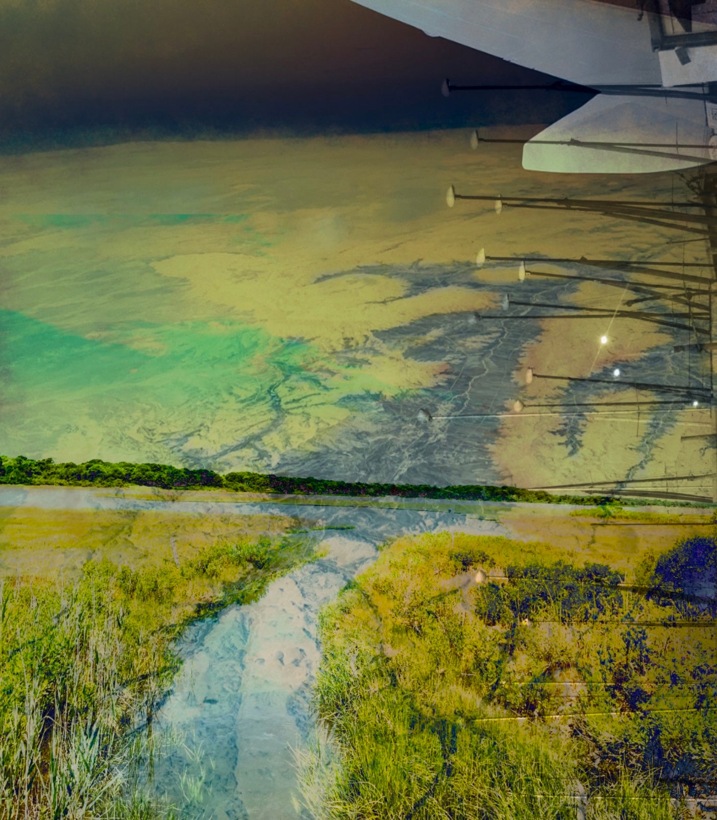 A collage of 3 landscape photographs at different scales superimposed with one another to create one ambiguous view of river systems.
