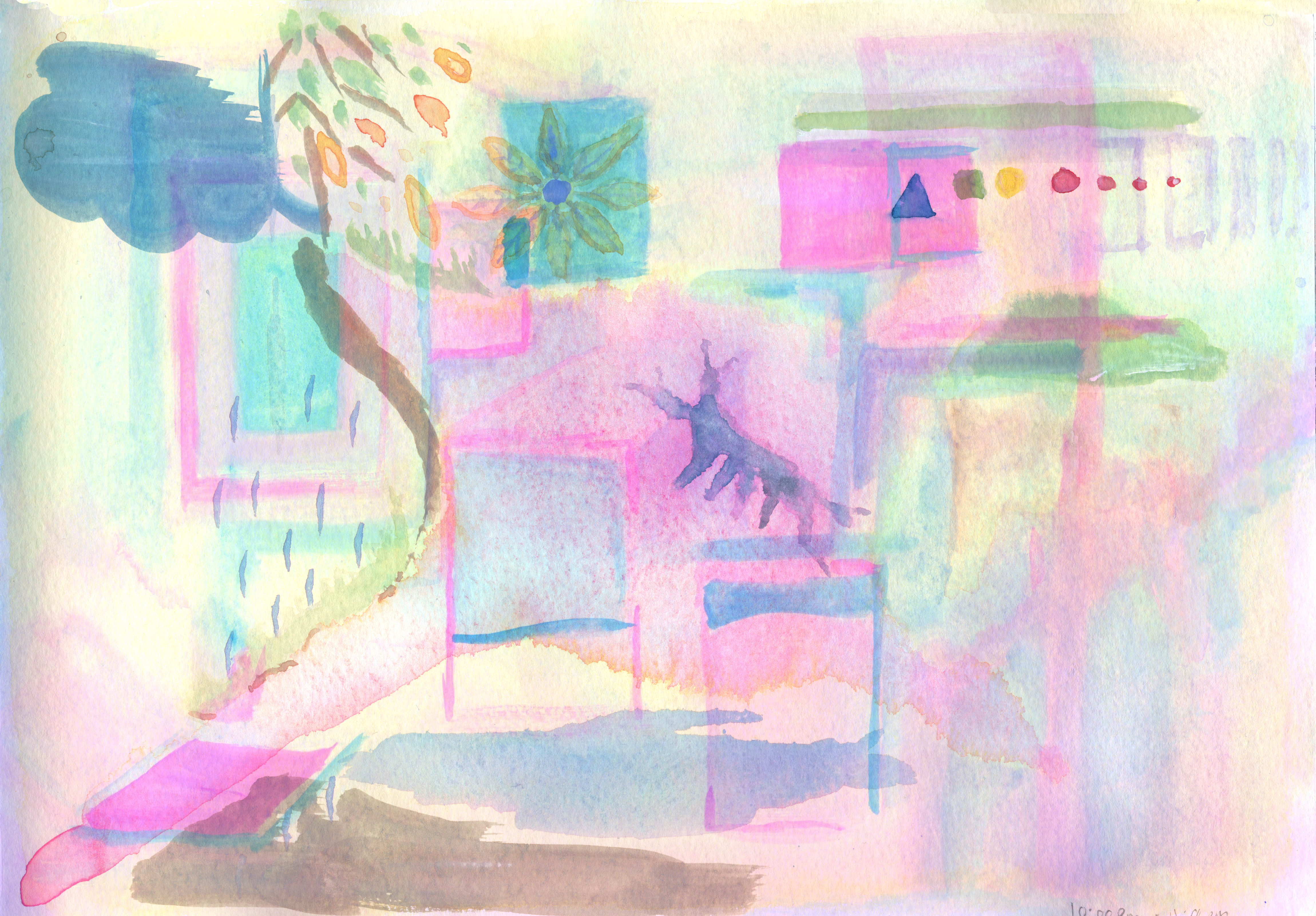 A gouache painting of an abstract landscape representing the essence of a single day
