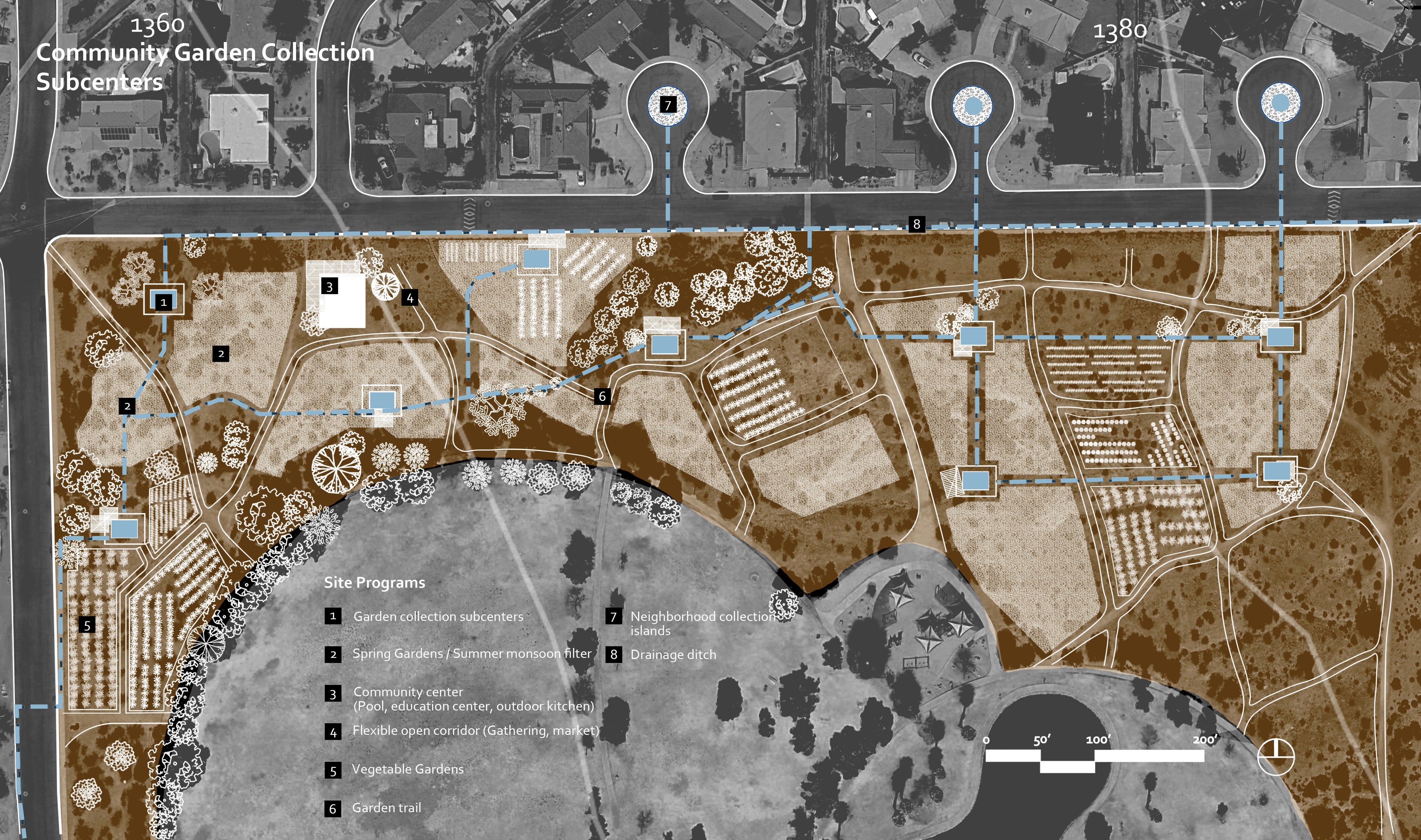 Zoom-in plan view of the whole community garden and community center layout