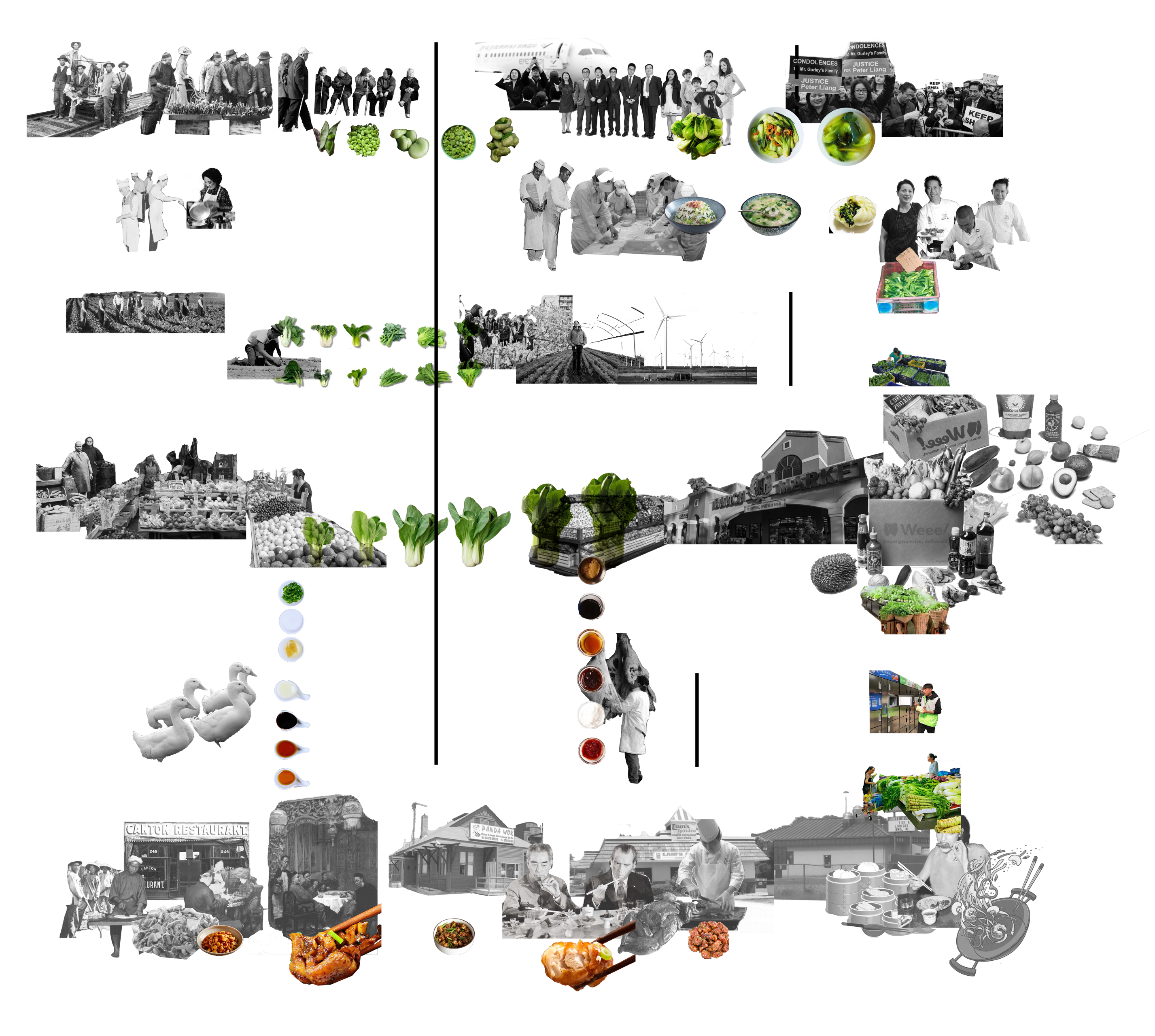 Describe the different phases of Chinese Diasporas, chefs, farms, markets, processing, and restaurants in the United States and how vegetables tie the whole system together.