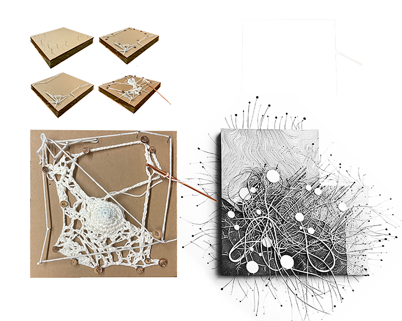The interventions of the project are represented by threads that reconnect broken spaces and relationships to gradually build stable systems.