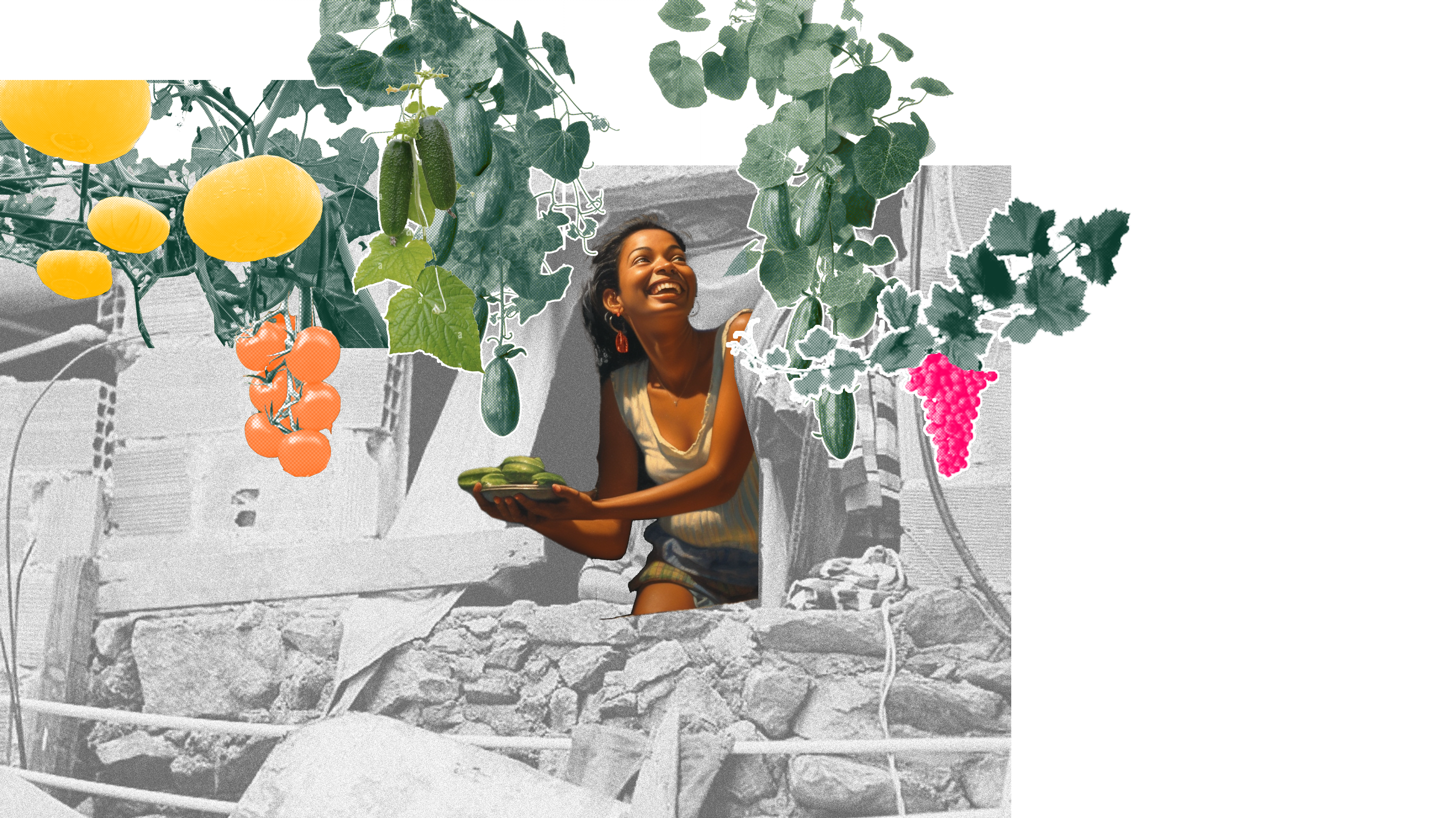 Growing vine crops on the roof provides not only a food resource but also shade. Residents can harvest fruits and vegetables by sticking out their heads.