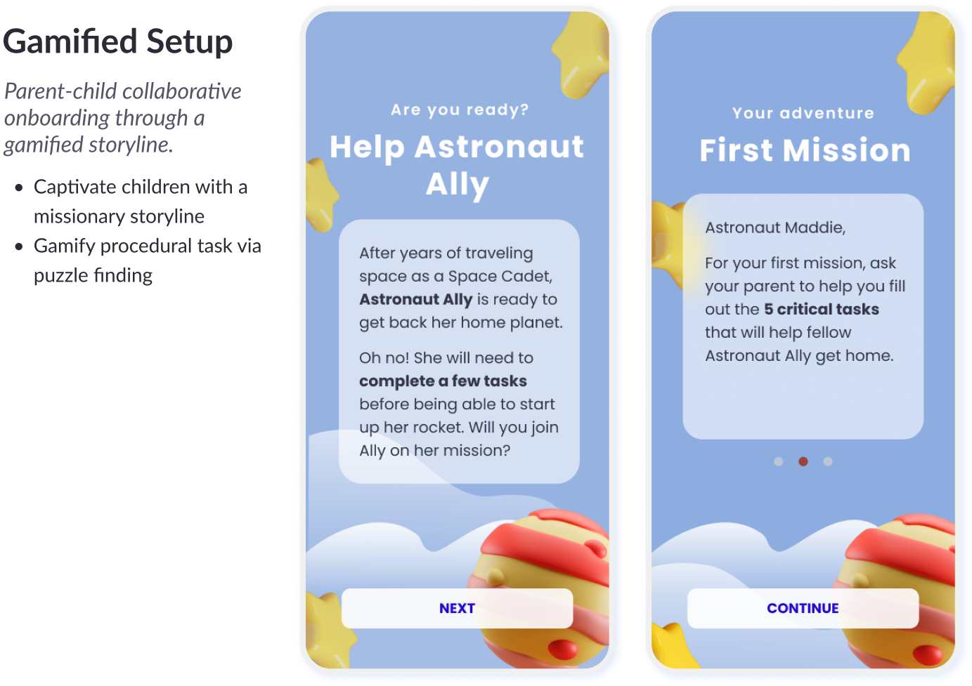 Walkthrough of mobile app key feature: gamified product setup.