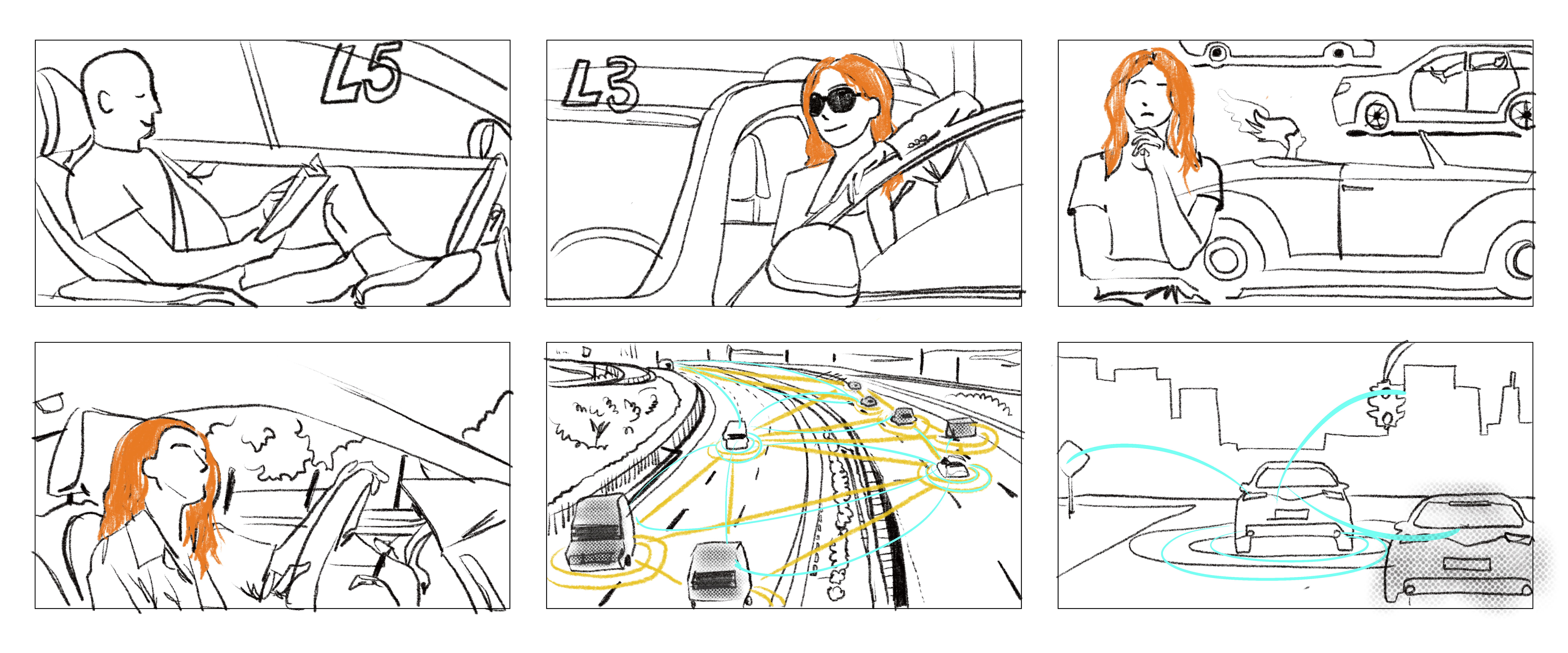 Our persona, Ava's storyboard shows her driving a traditional car when the cars around her are fully autonomous. 
