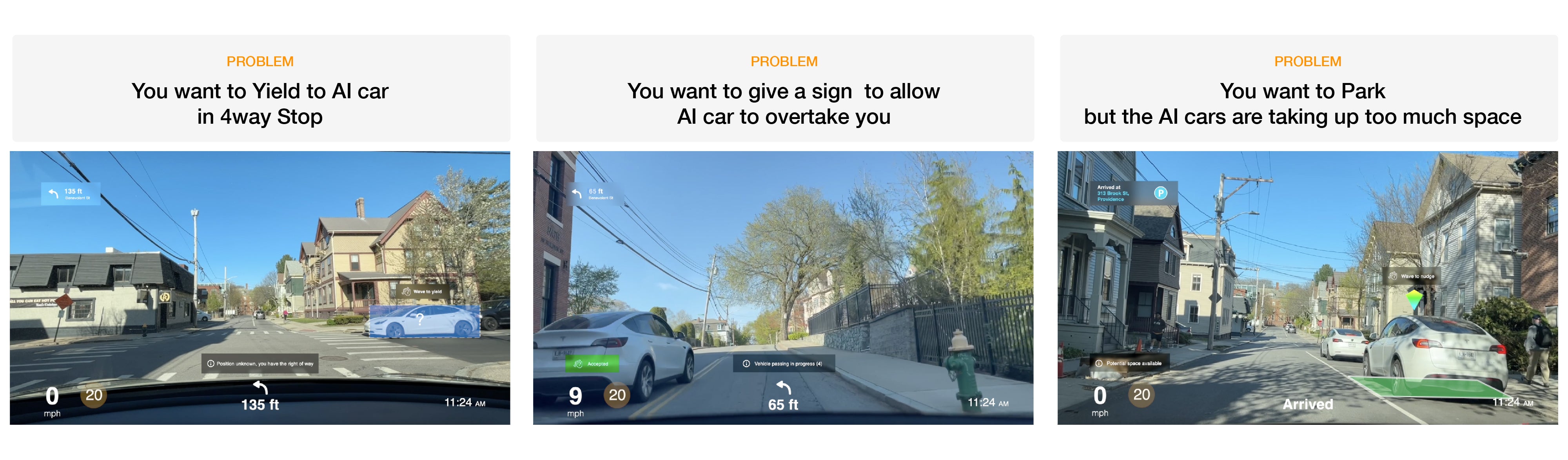 Videos of the Orca in use: from setting up the Orca in your car to how you interest the UI in three different driving scenarios when facing autonomous vehicles.
