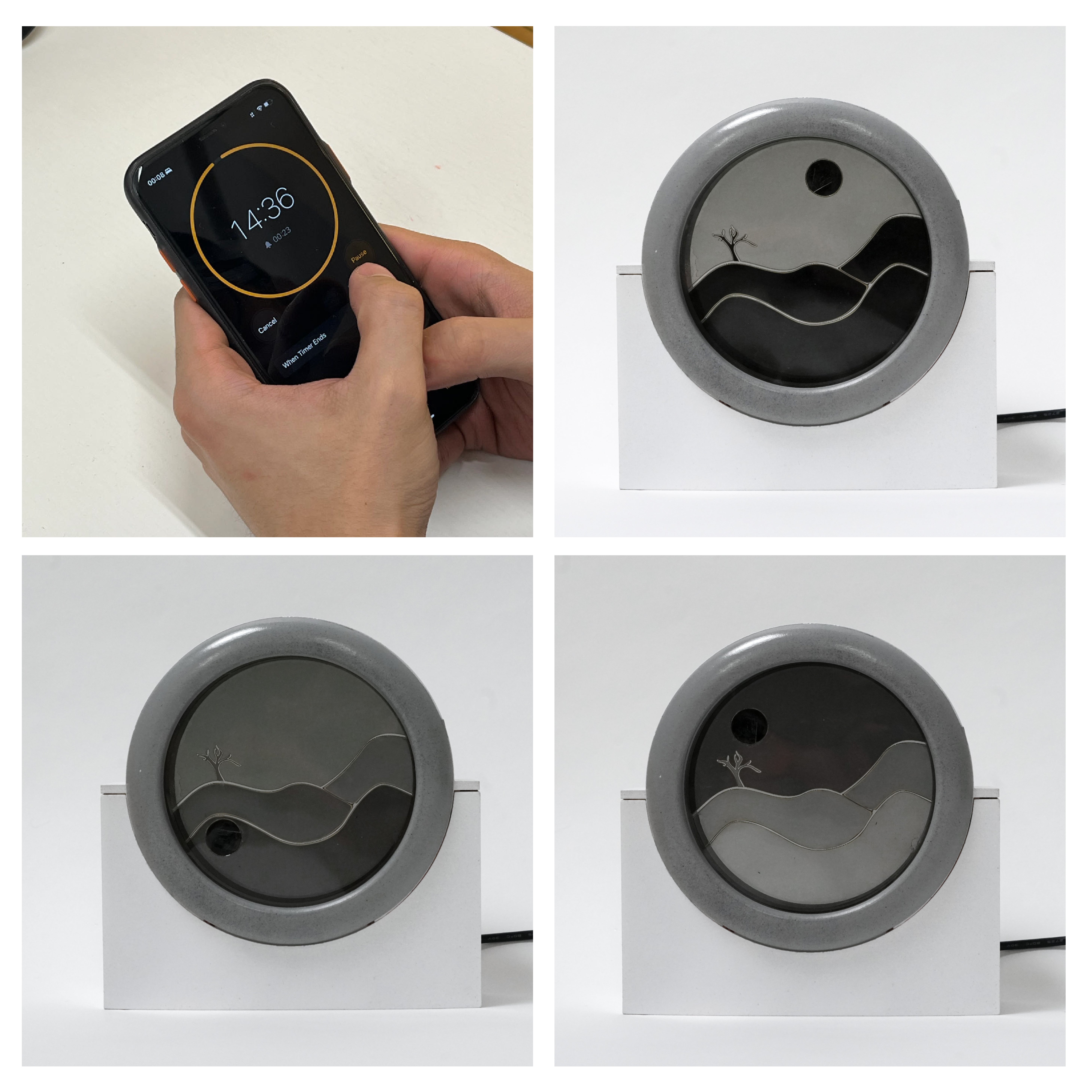 A set of pictures showing a white timer moving and the graphic on dial is changing