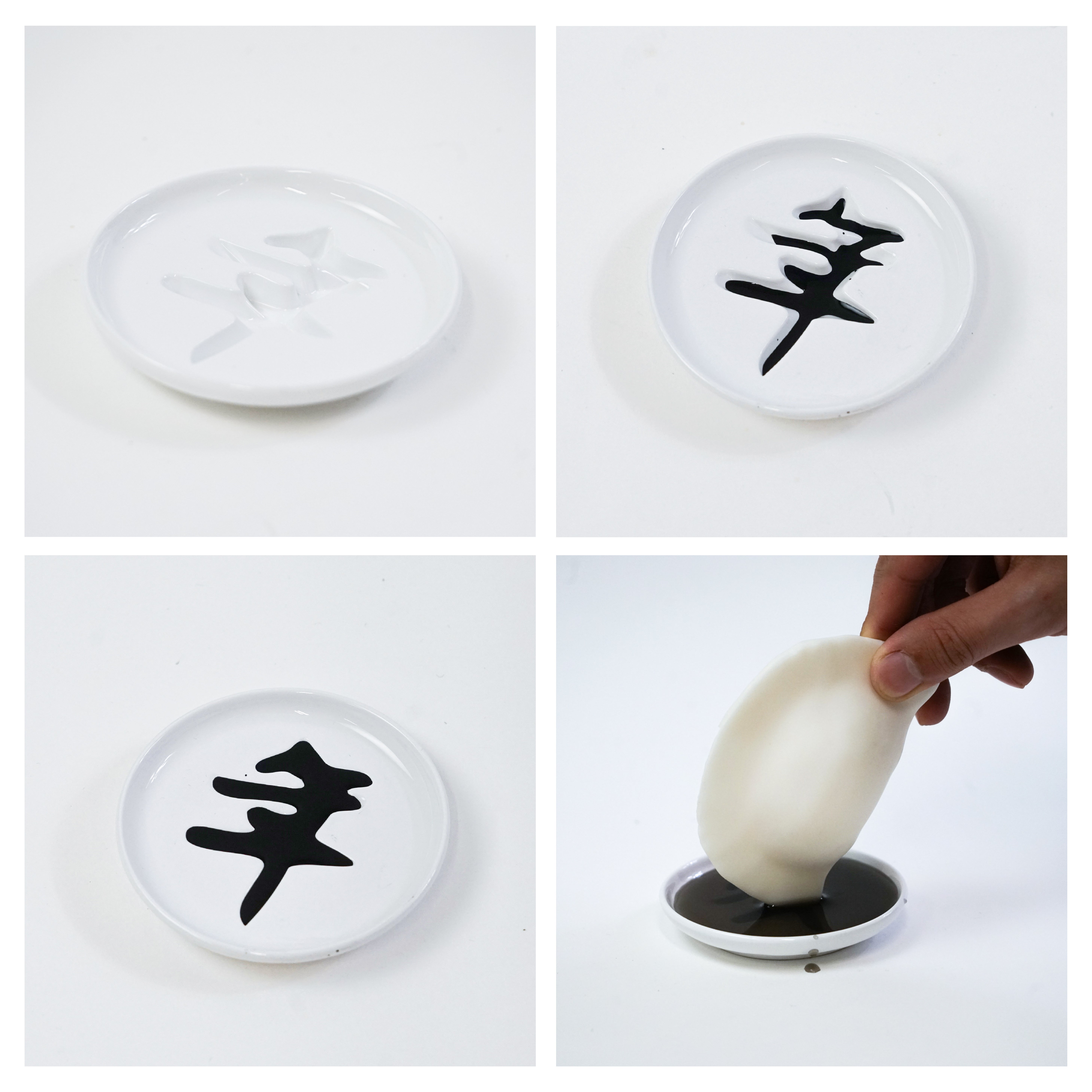 A set of images showing the process of pouring dark sauce into a white dish
