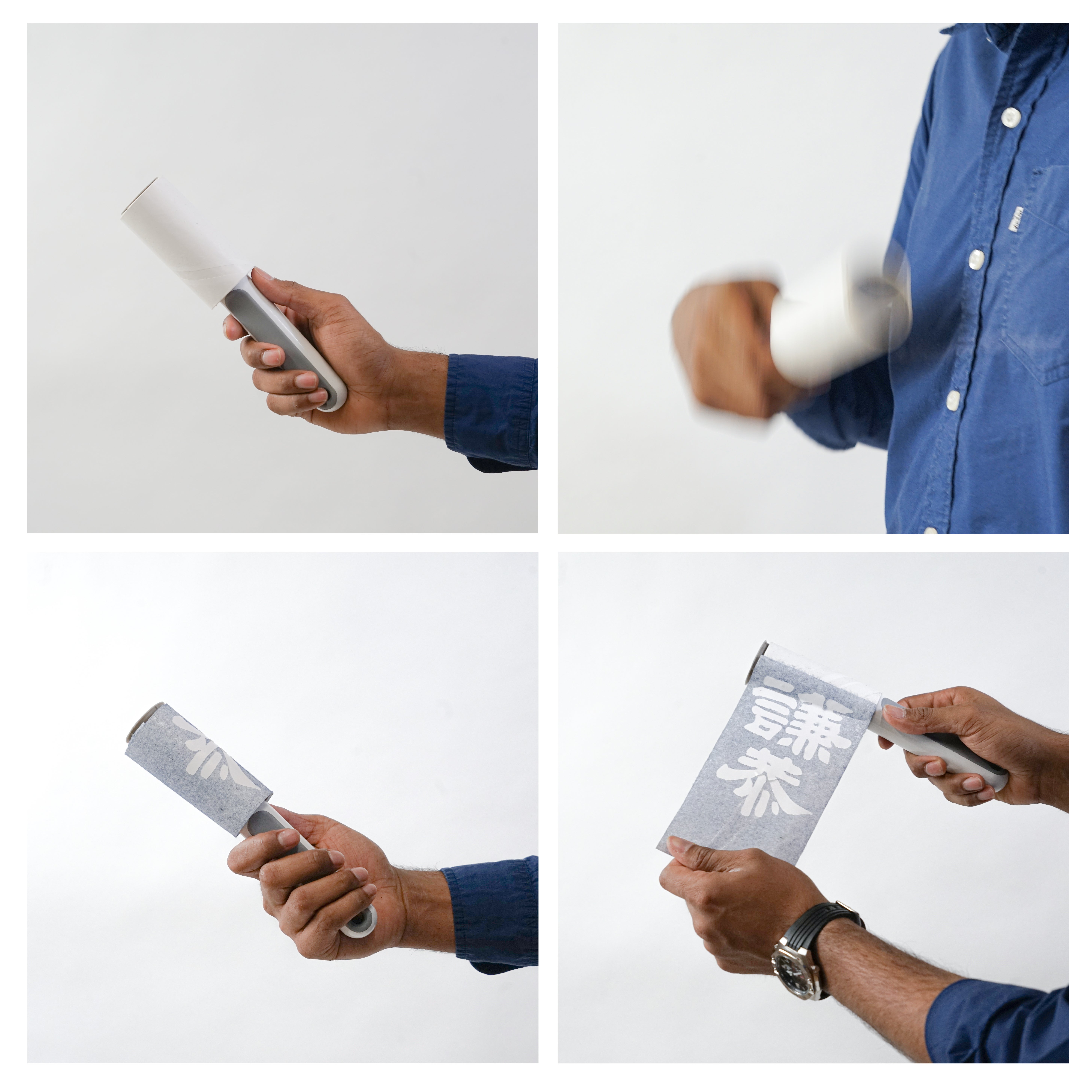 A set of images showing the process of a man in blue clearing his shirt