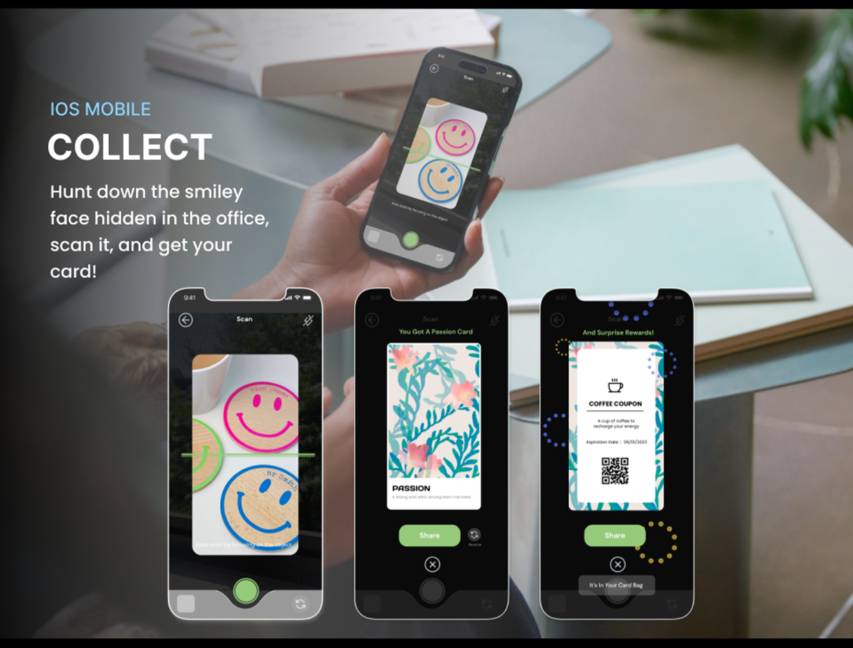 Once you find the hidden object in the office, take your phone and scan it, you then will get a card. Same in the virtual side, once you see the hidden object, pick it up, then you will get a card.