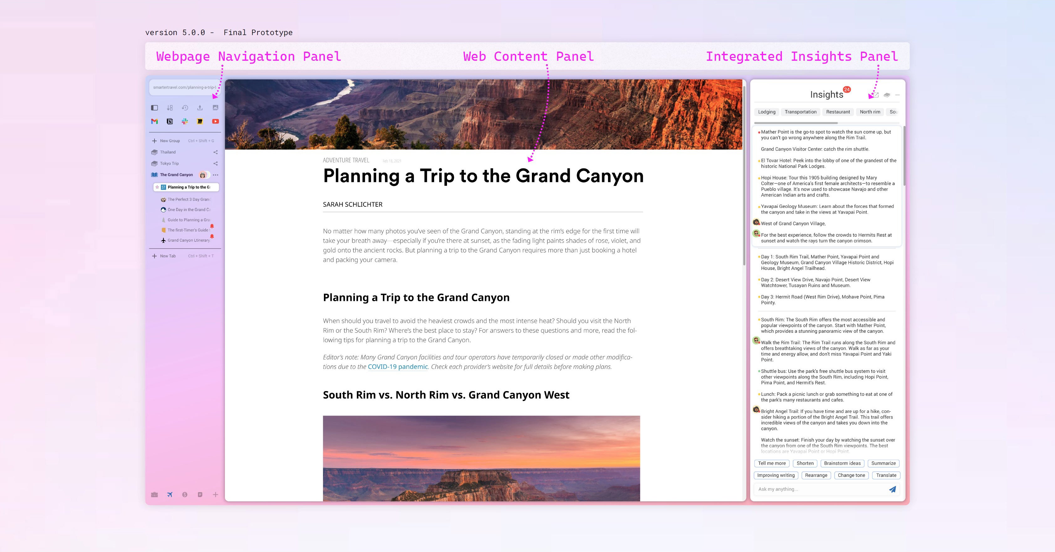 Navigate with ease through our design layout featuring a webpage navigation panel on the left, web content in the middle, and an integrated insights panel on the right.