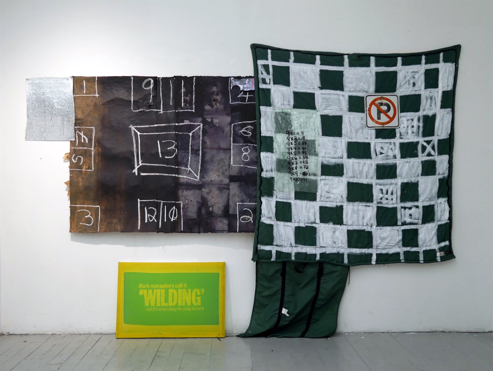 Mixed-media on dyed paper towels applied to cardboard and a sleeping bag