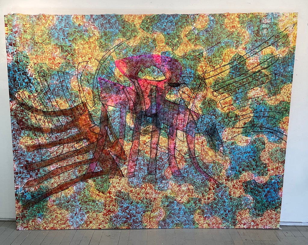 Screen printing, acrylic painting and drawing on bedsheet