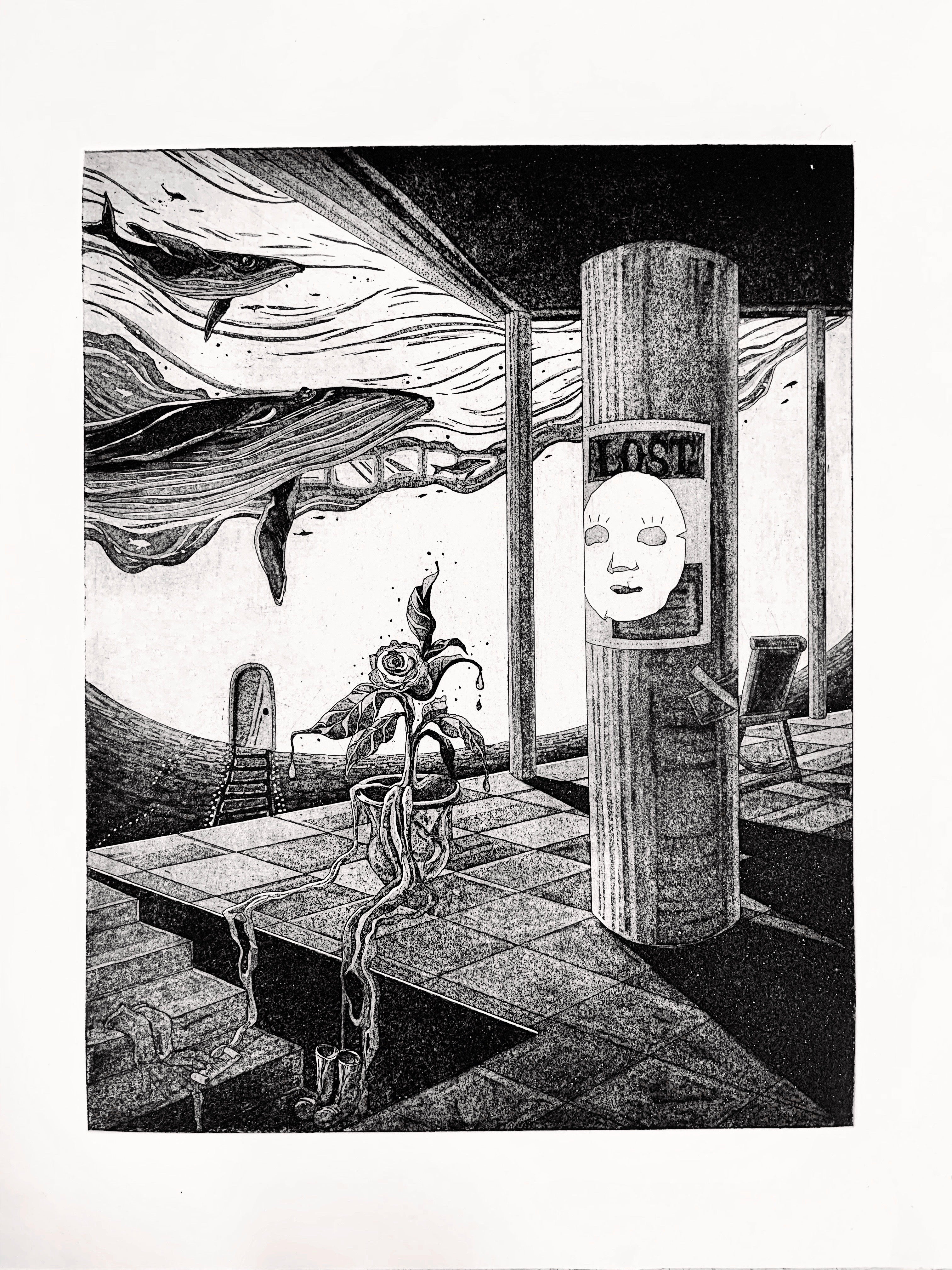 Whales are flying in the sky; ‘LOST’ poster on the pillar