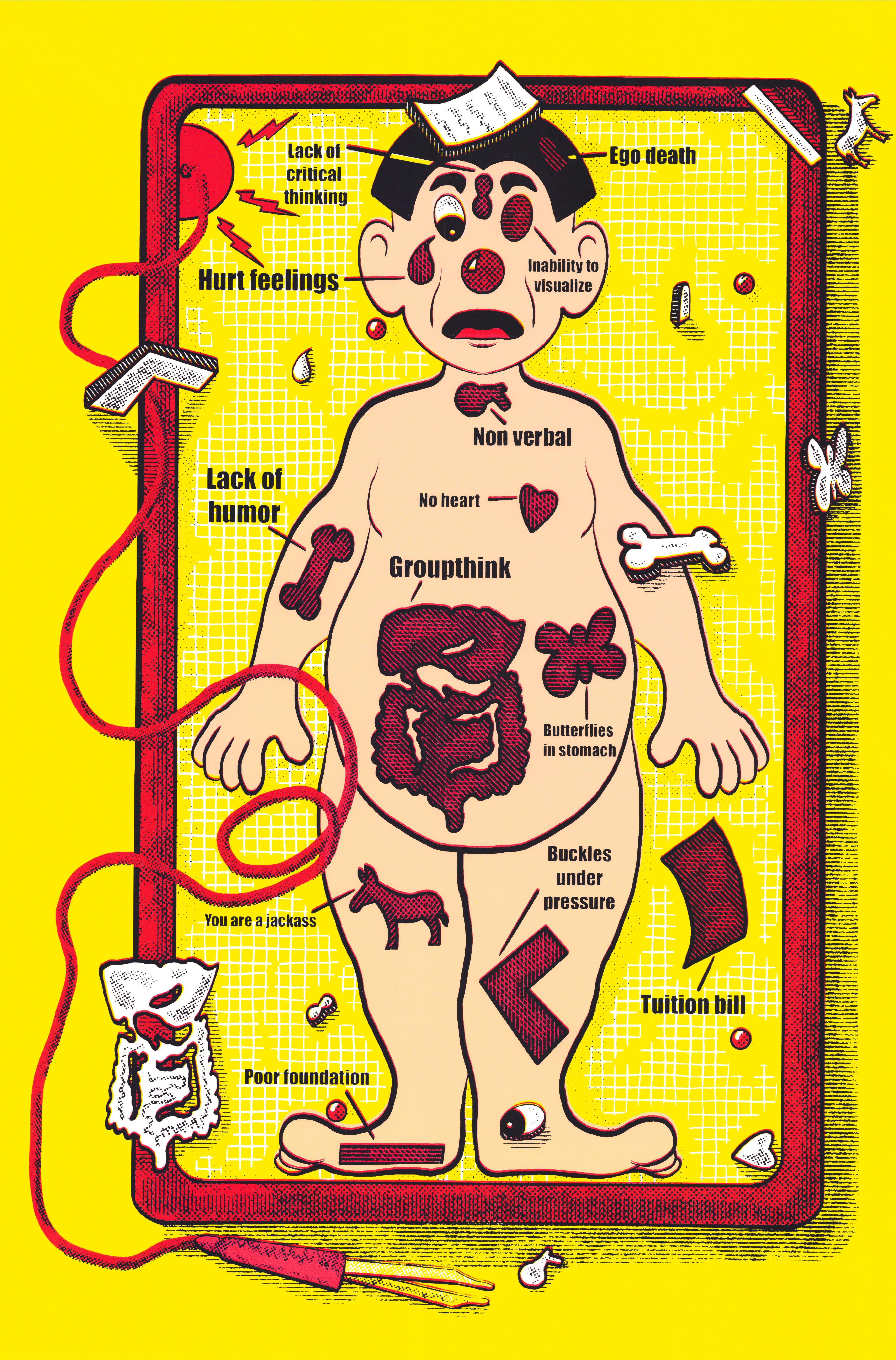 Screenprint with cheeky interpretation of the boardgame Operation.