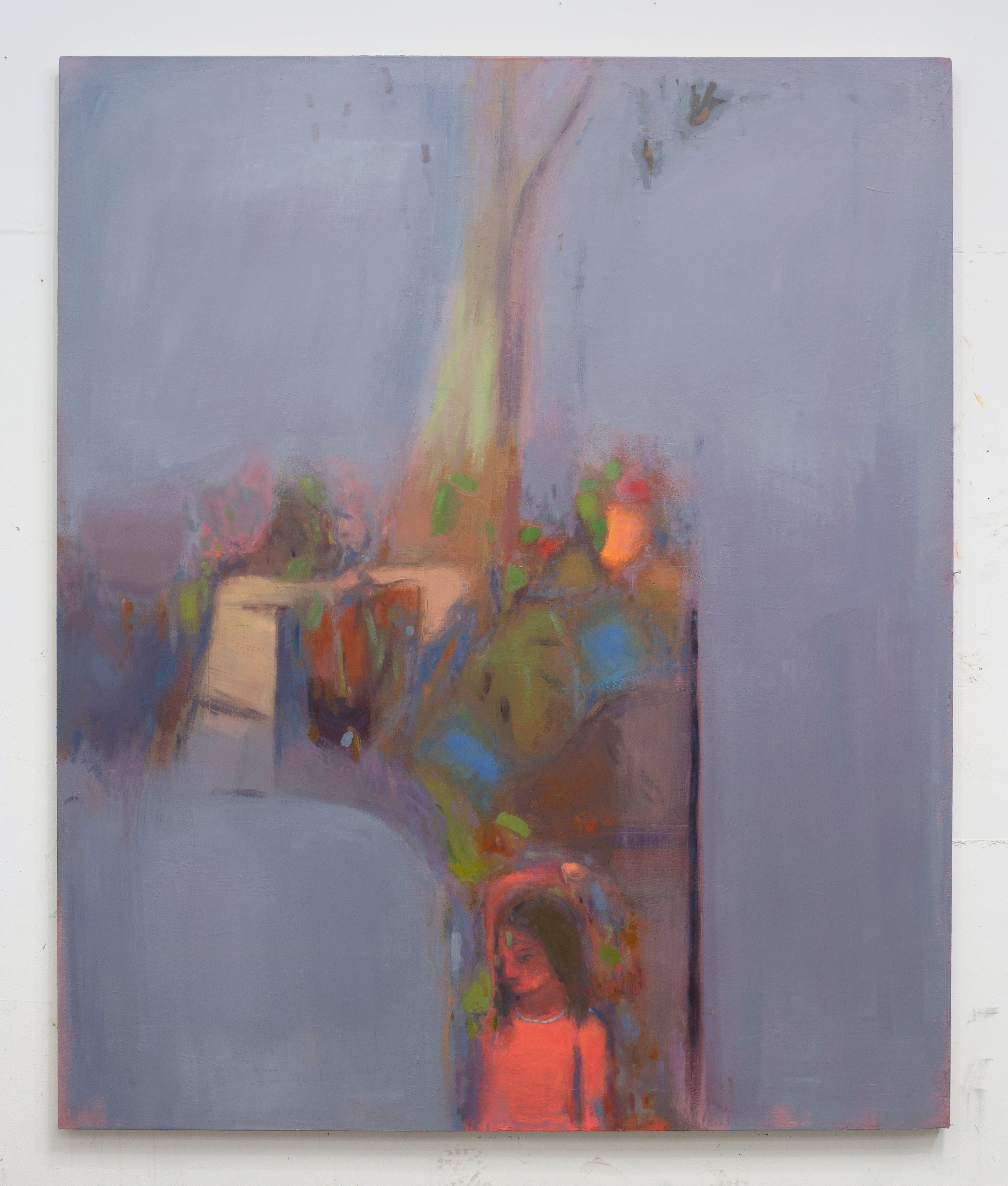 A mostly gray painting with figures and foliage bunched up in the middle