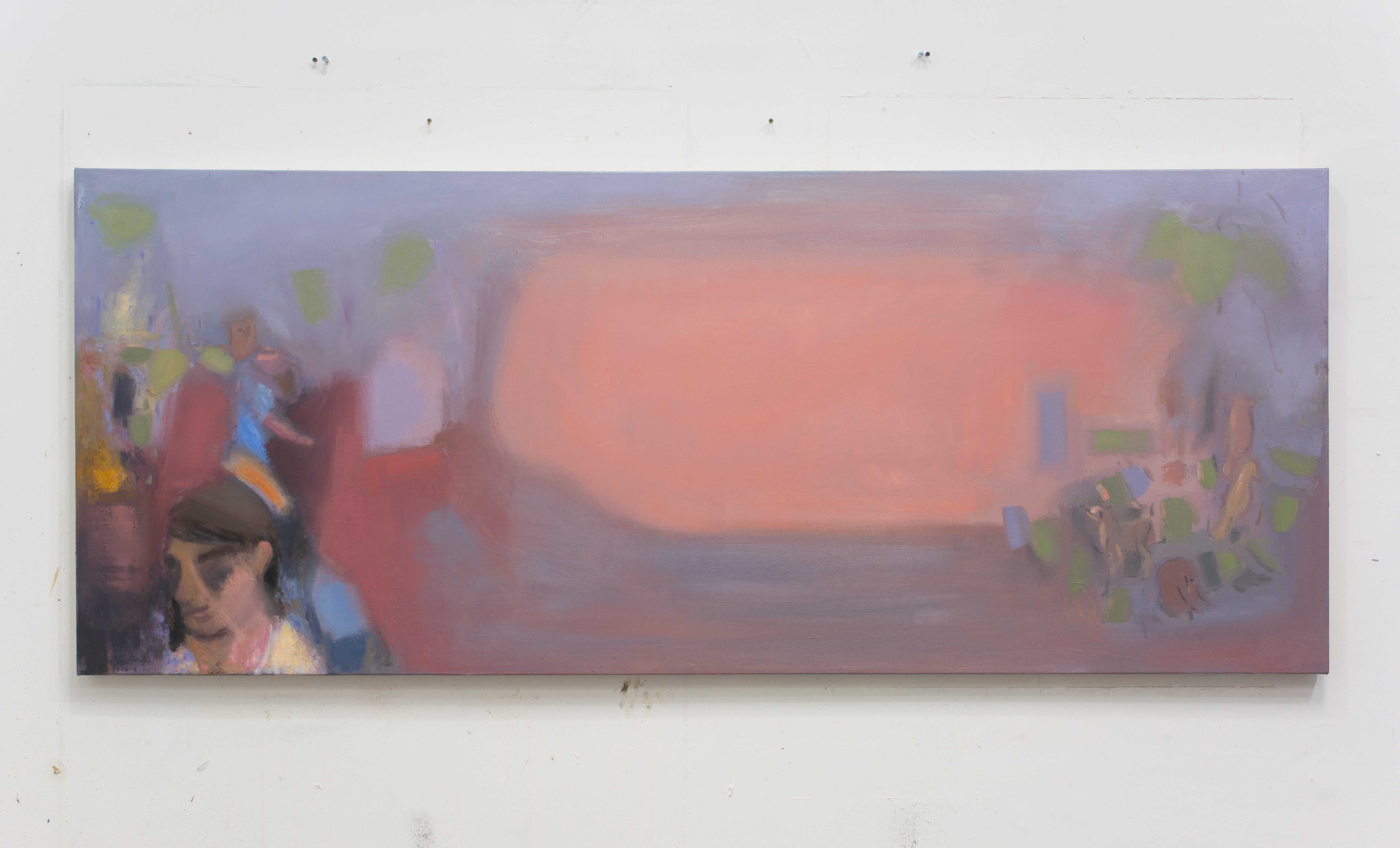 A long, mostly gray painting with figures and a peach colored middle section