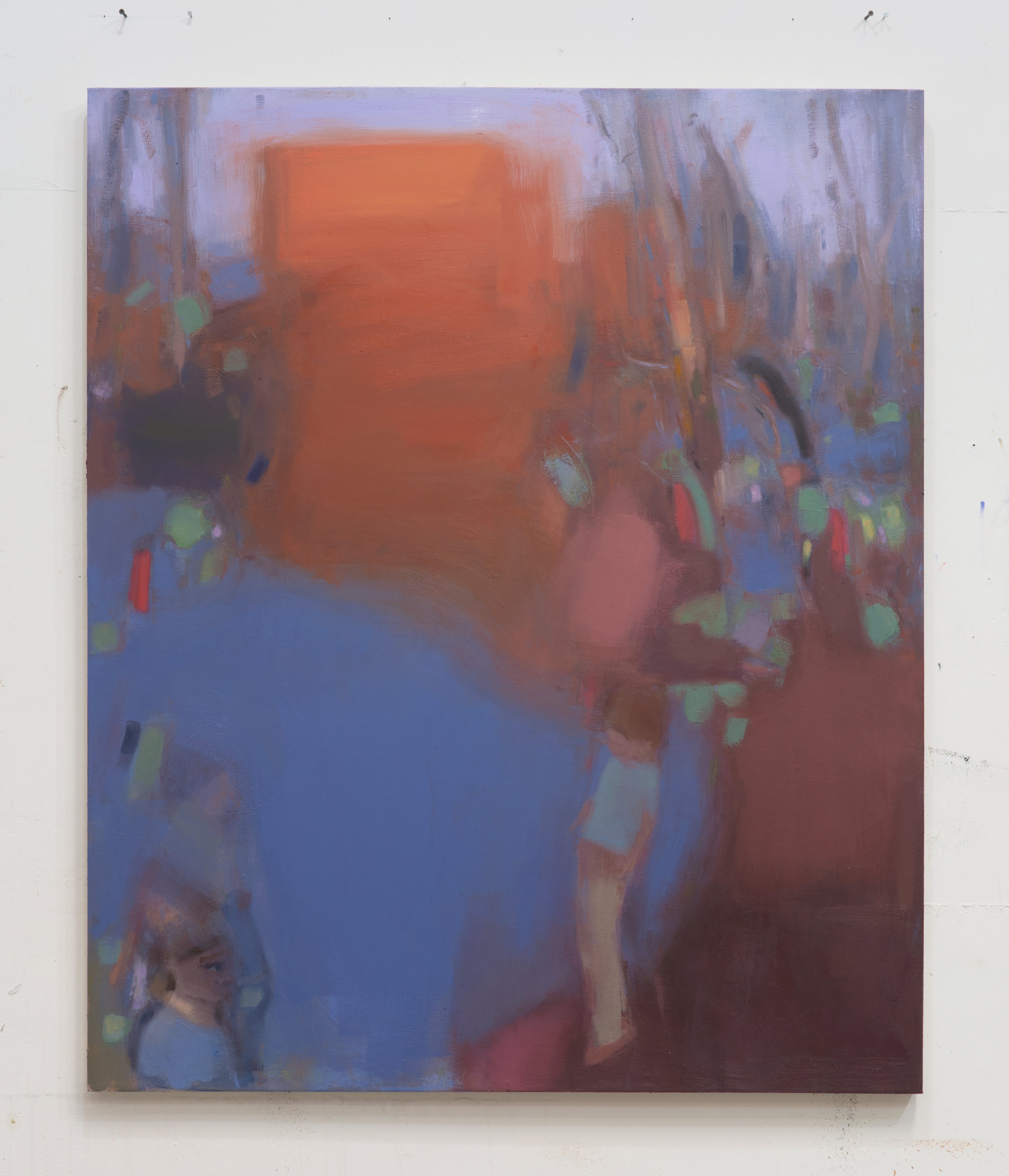 A mostly blue landscape painting with figures at bottom