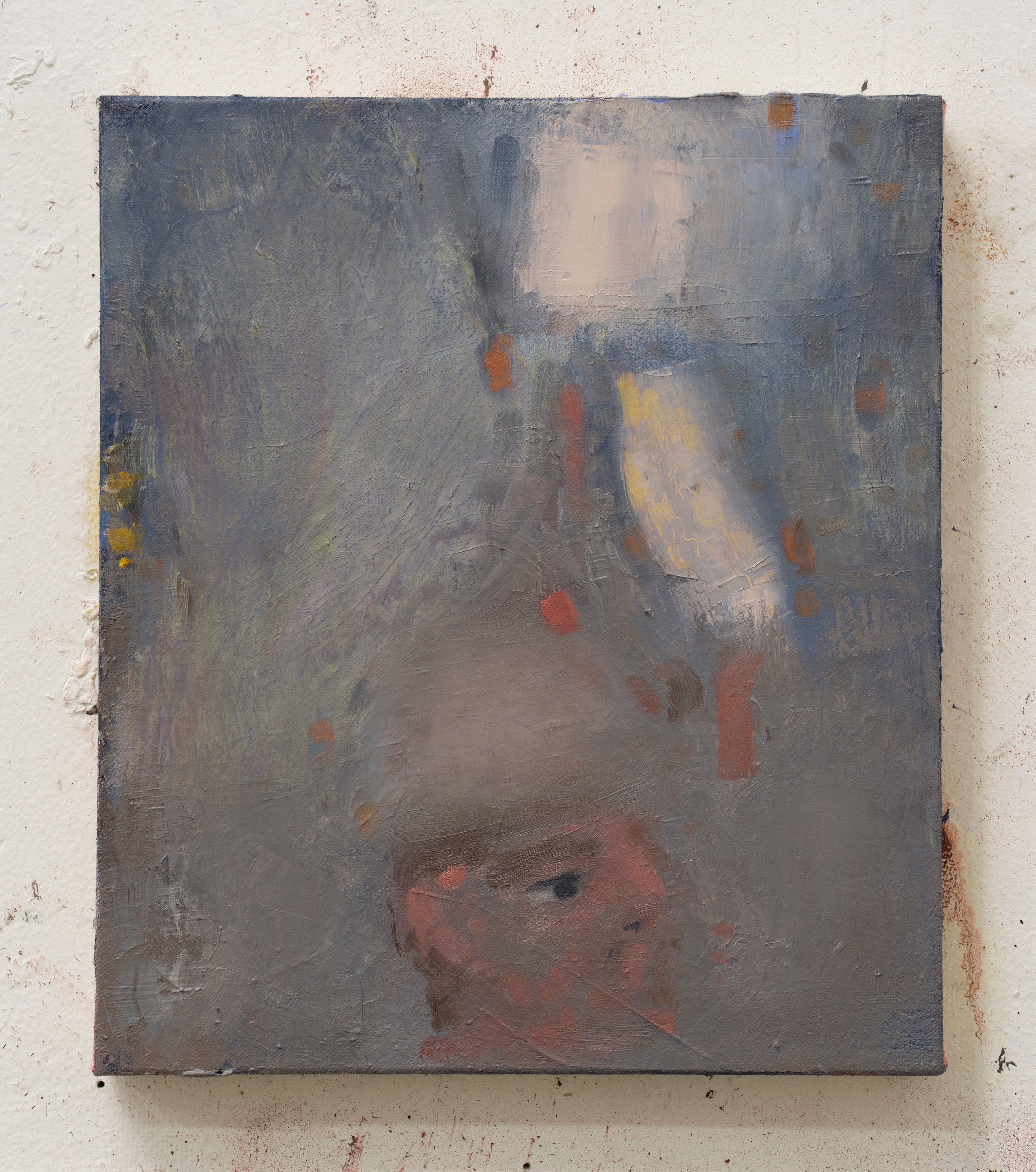 A gray-blue painting of a single male figure, seen from shoulders up