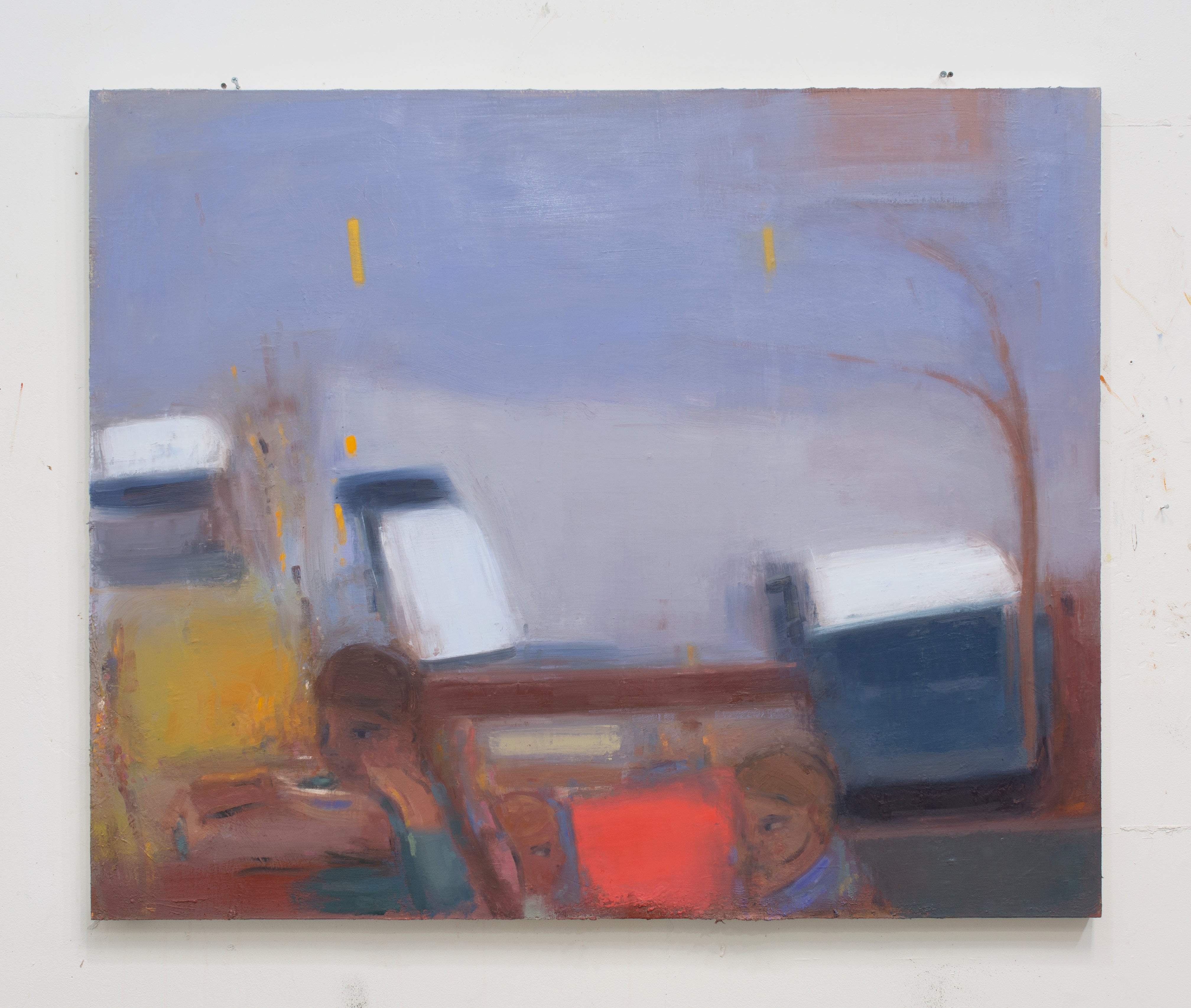 A mostly gray painting of figures at bottom and a parking lot above
