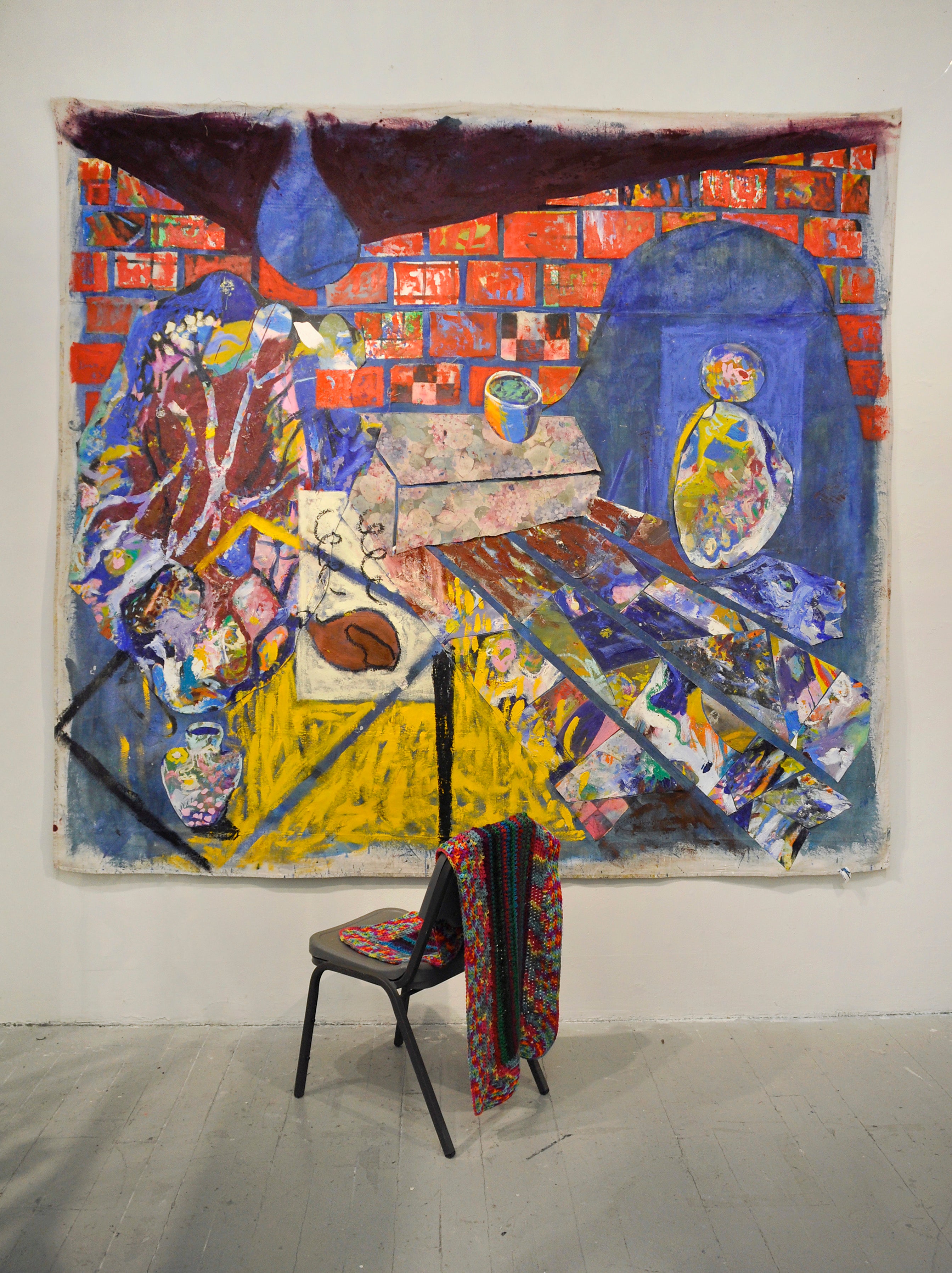 Abstract table with food and figure in doorway.
