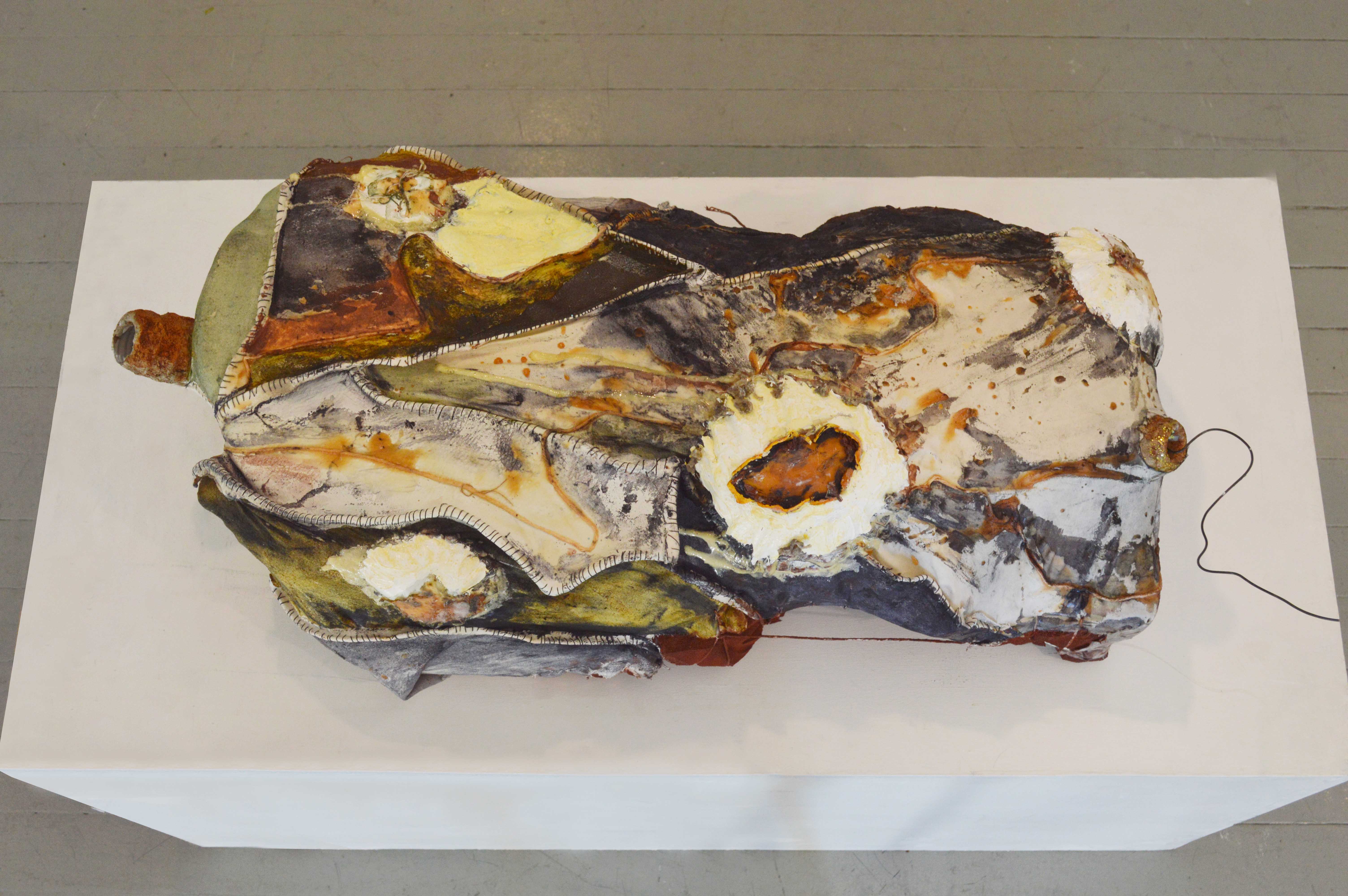 2022. Sponge foam, fabric, latex, scrap, turmeric, black dye, iron oxide, and oil paint
