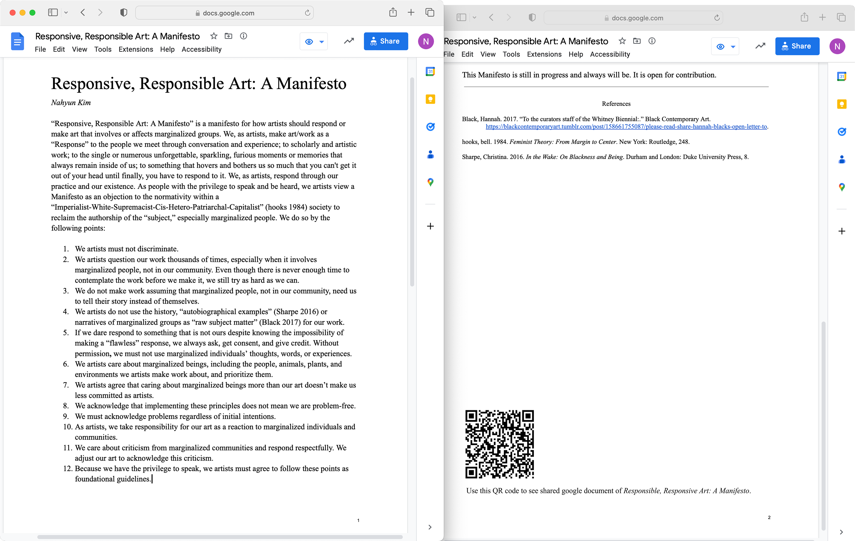 Two pages of “Responsive, Responsible Art: A Manifesto” displayed in a Google Doc. The left page shows a title, introduction paragraph, and a list of guidlines, while the right page presents references and a QR code for reader contributions. All text is black on a white background, except for a link to an article on the reference list.
