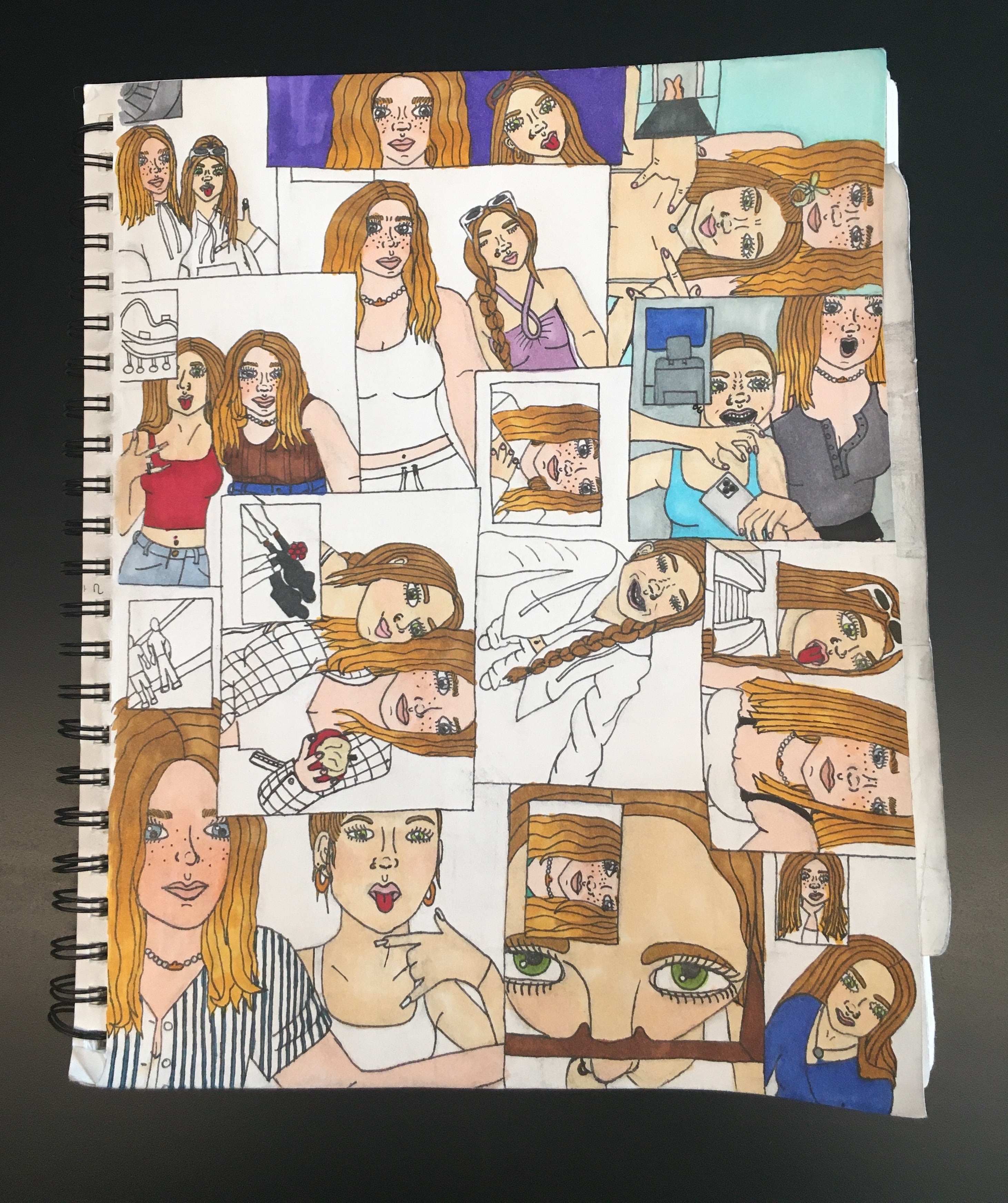 A black sharpie pen comic-style drawing in a spiral notebook that is in the process of getting painted in with watercolor. A visual collage of “BeReal” images, each showing two friends posing together in different ways. 