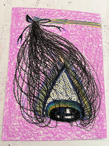An oil pastel drawing of a large eye with super long eyelashes, hanging from a stick by the ends of the lashes tied to the stick in a bow. The background is colored with textured pink oil pastel with the white of the page showing through.