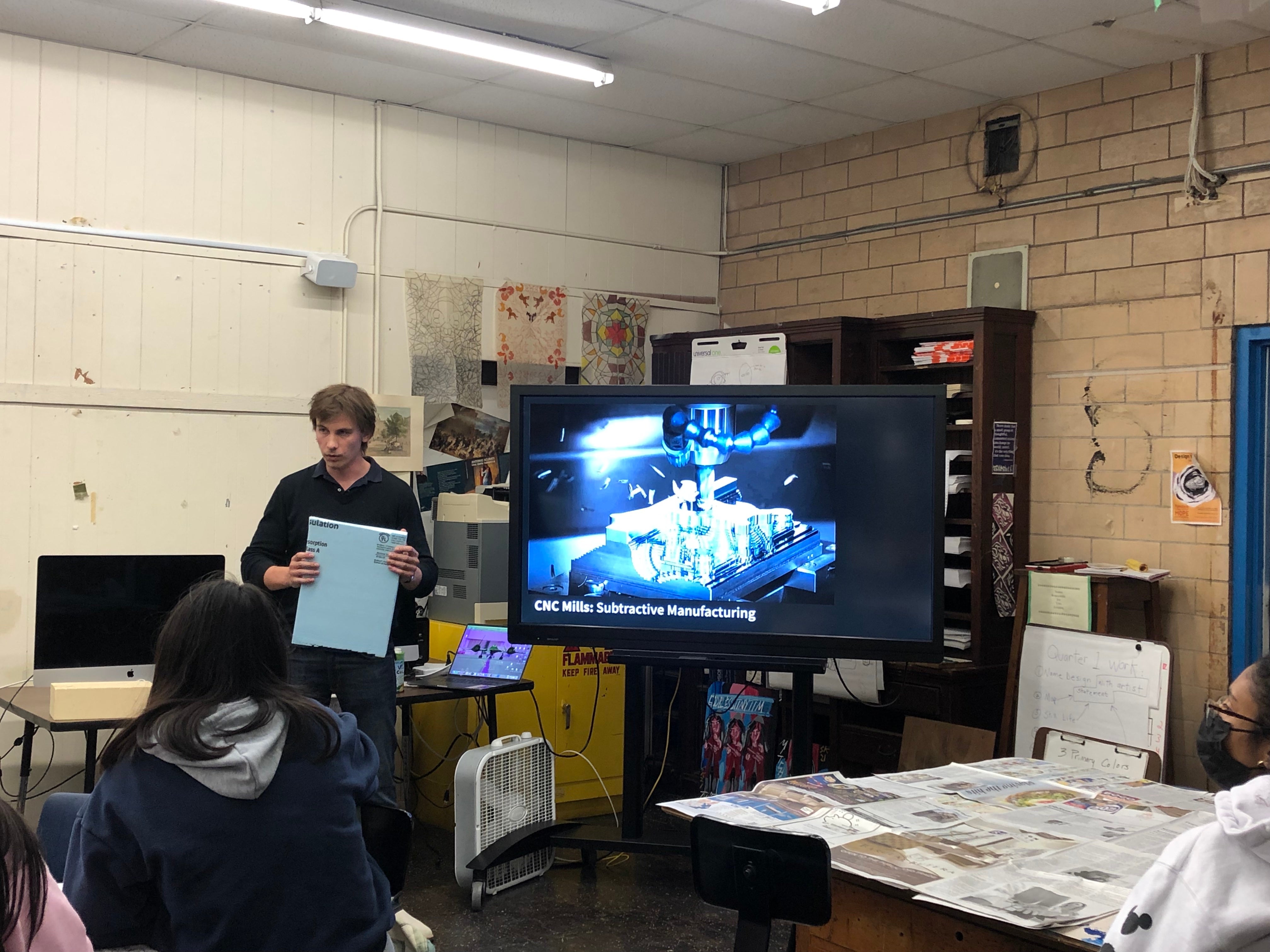 Seva explains how working with blue foam can mimic industrial manufacturing processes such as CNC milling.
