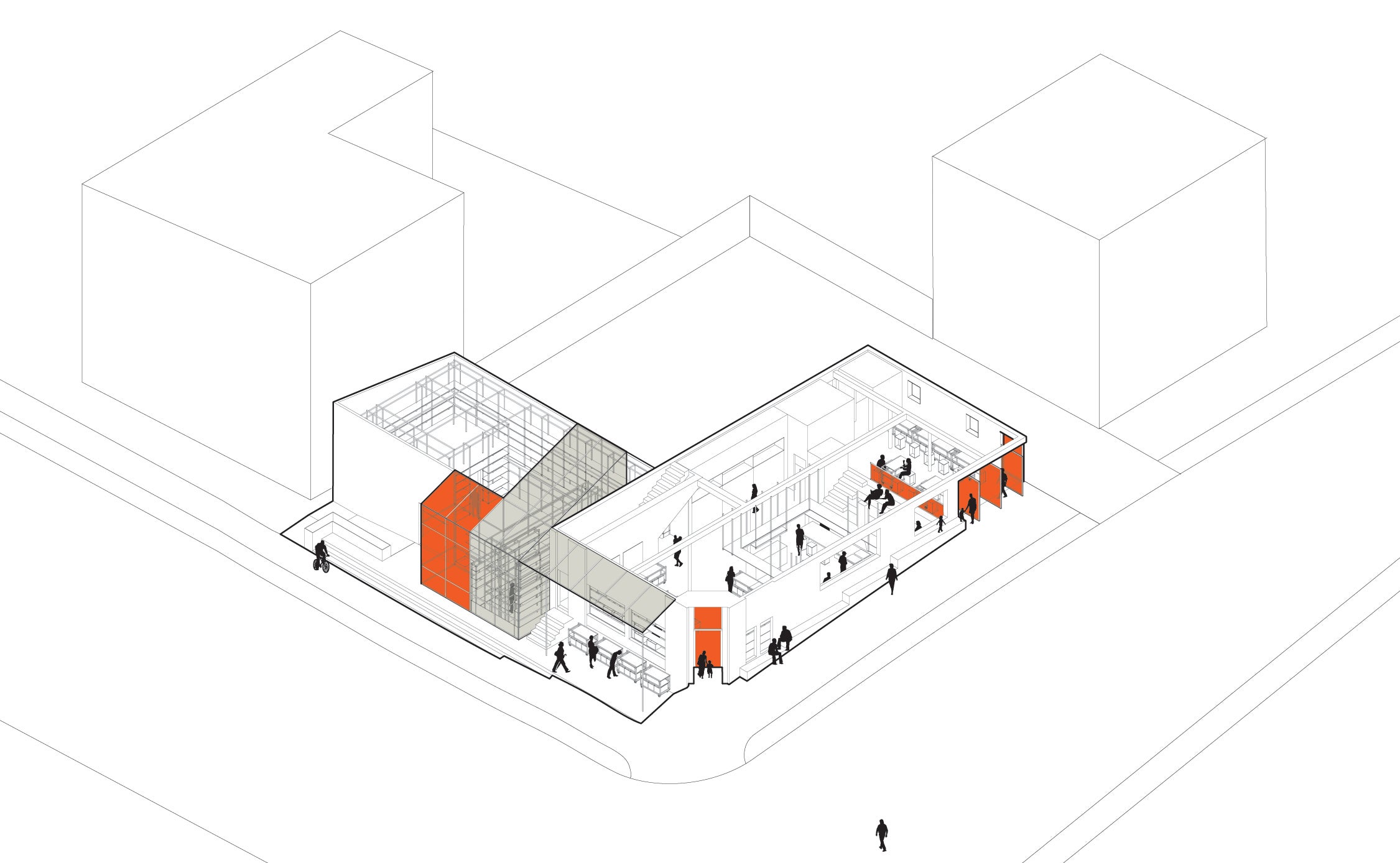 Axonometric view of the intervention, indicating clear and orange polycarbonate materials.