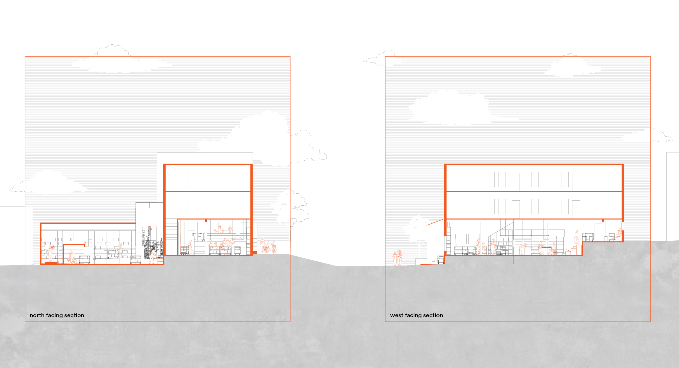 North and west facing sections, showing people (in orange) inhabiting the space.