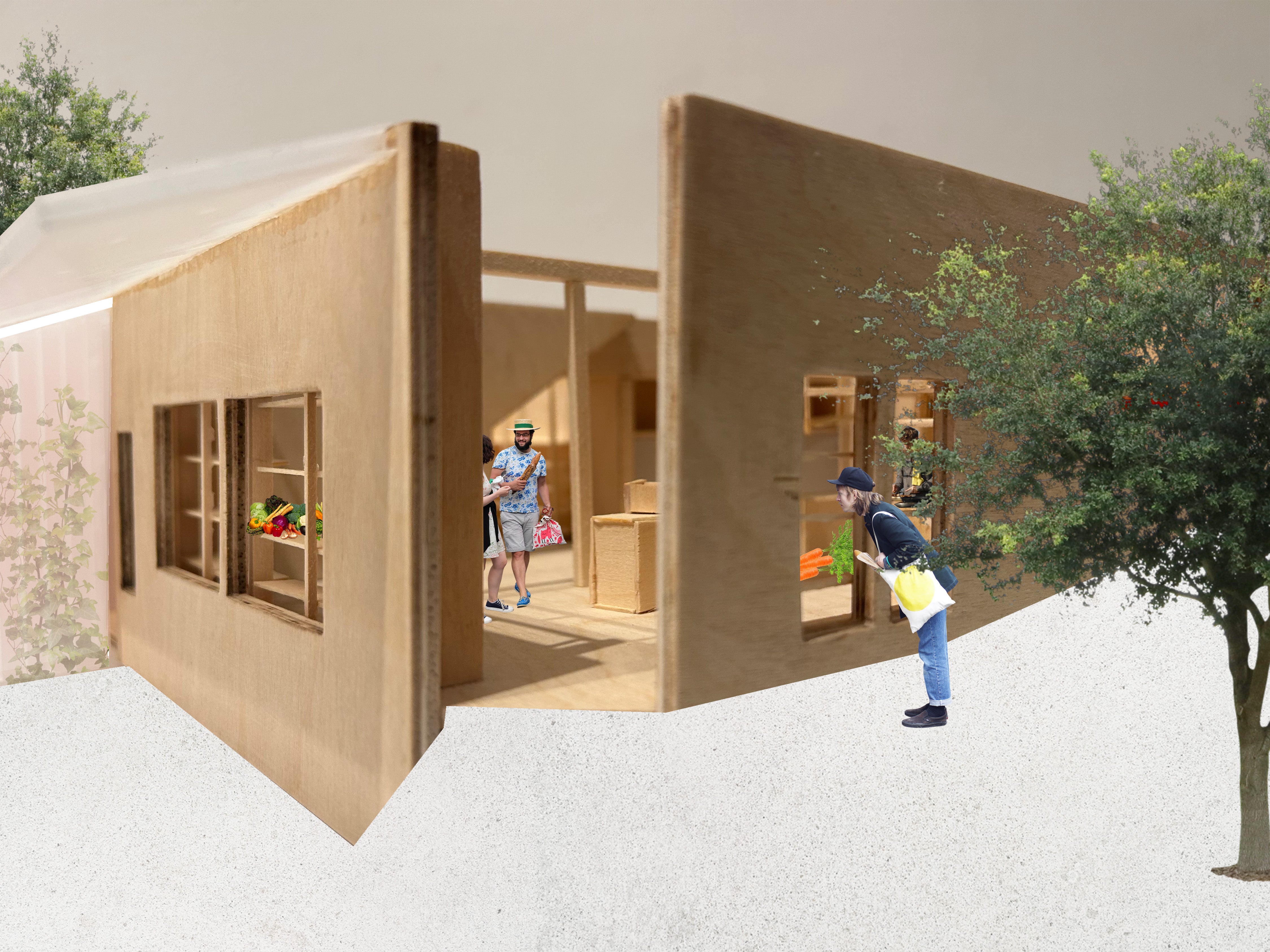 A collage over a photograph of the physical model, showing the view of approaching the main entrance.