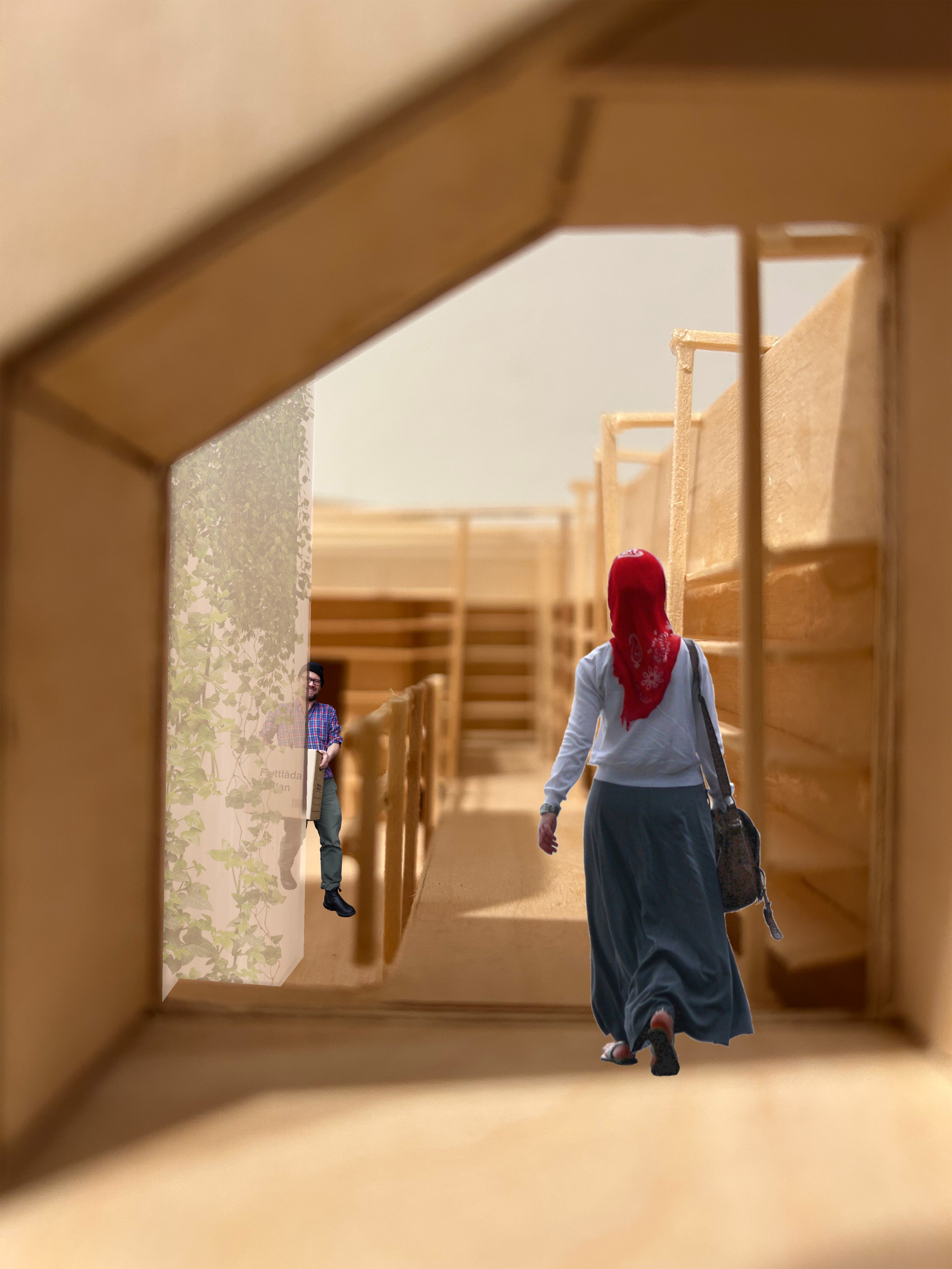 A collage over a photograph of the physical model, showing an interior view, entering the food center.