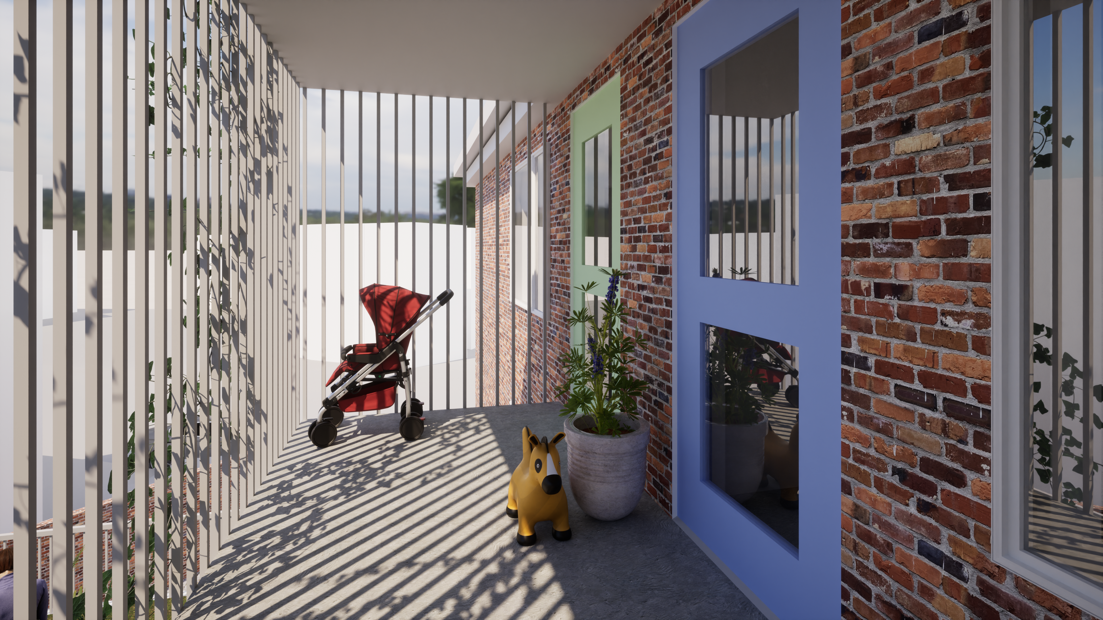 Exterior perspective displaying the private access to each personalized front door.