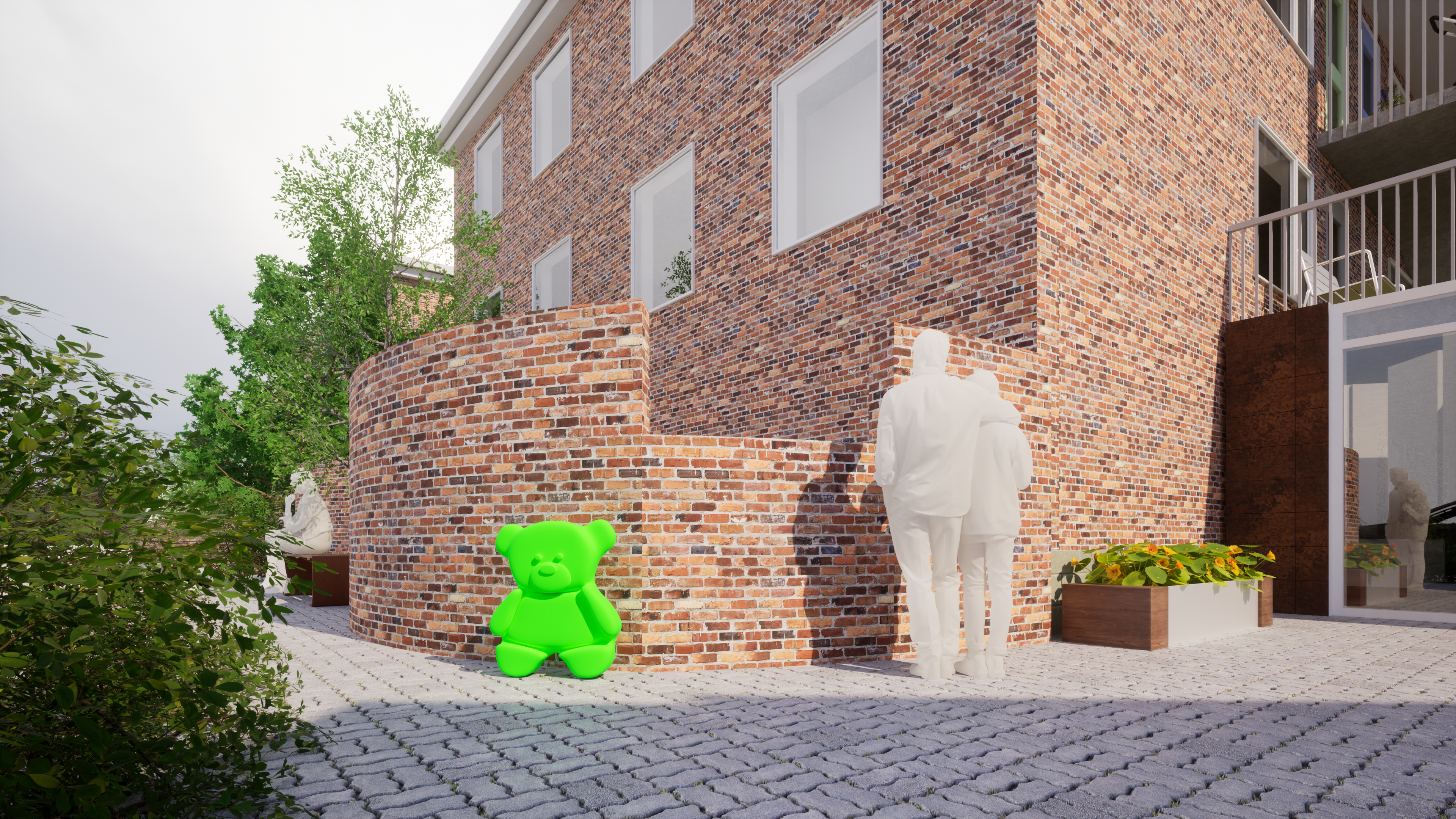 Exterior perspective highlighting the friendly object, the bear, near the front entrance of the site. The friendly object is designed to enhance the arrival experience of the individuals who will live on the site. 