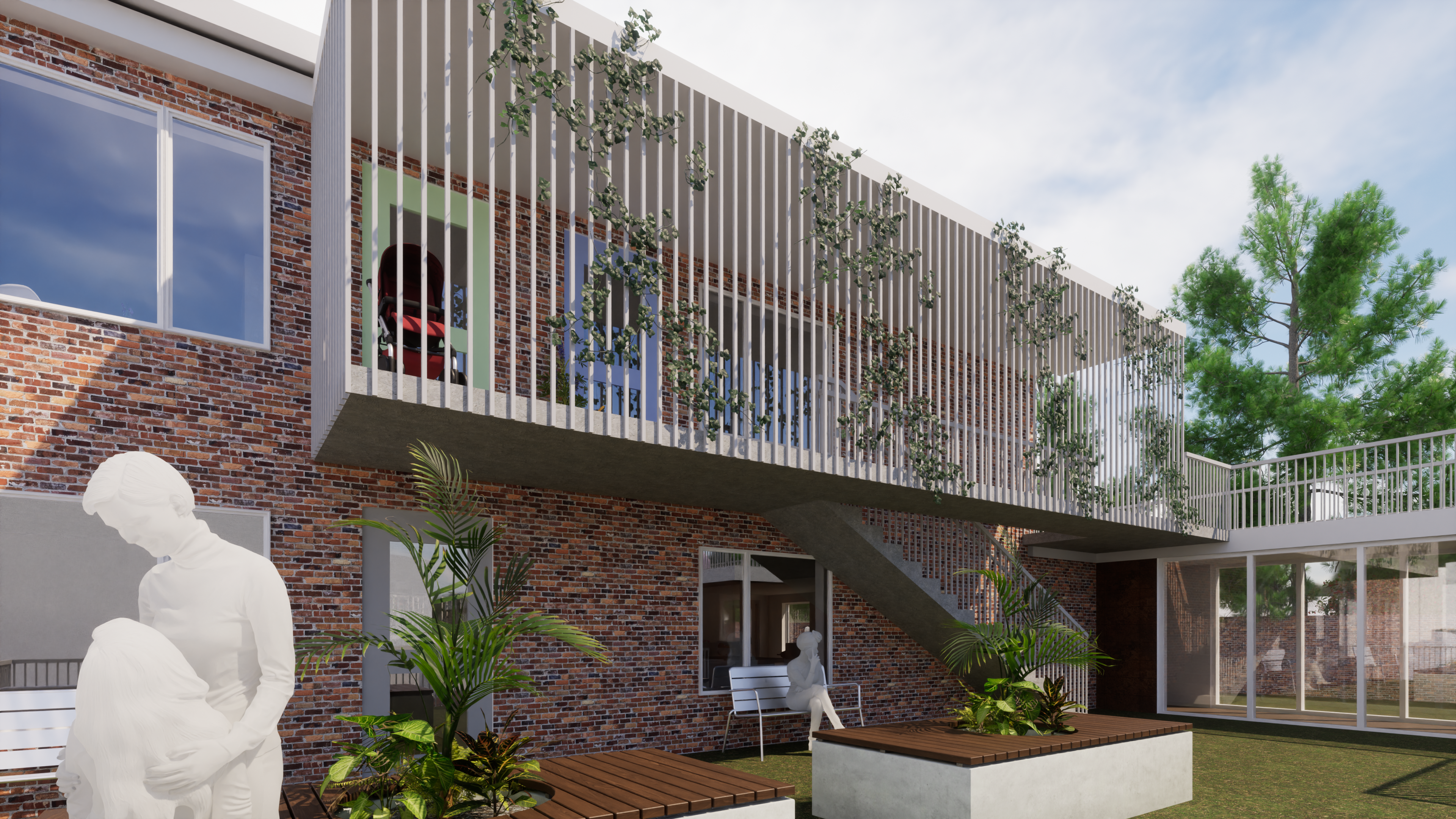 Exterior perspective displaying interior programmed space extending out onto an exterior balcony and courtyard. 