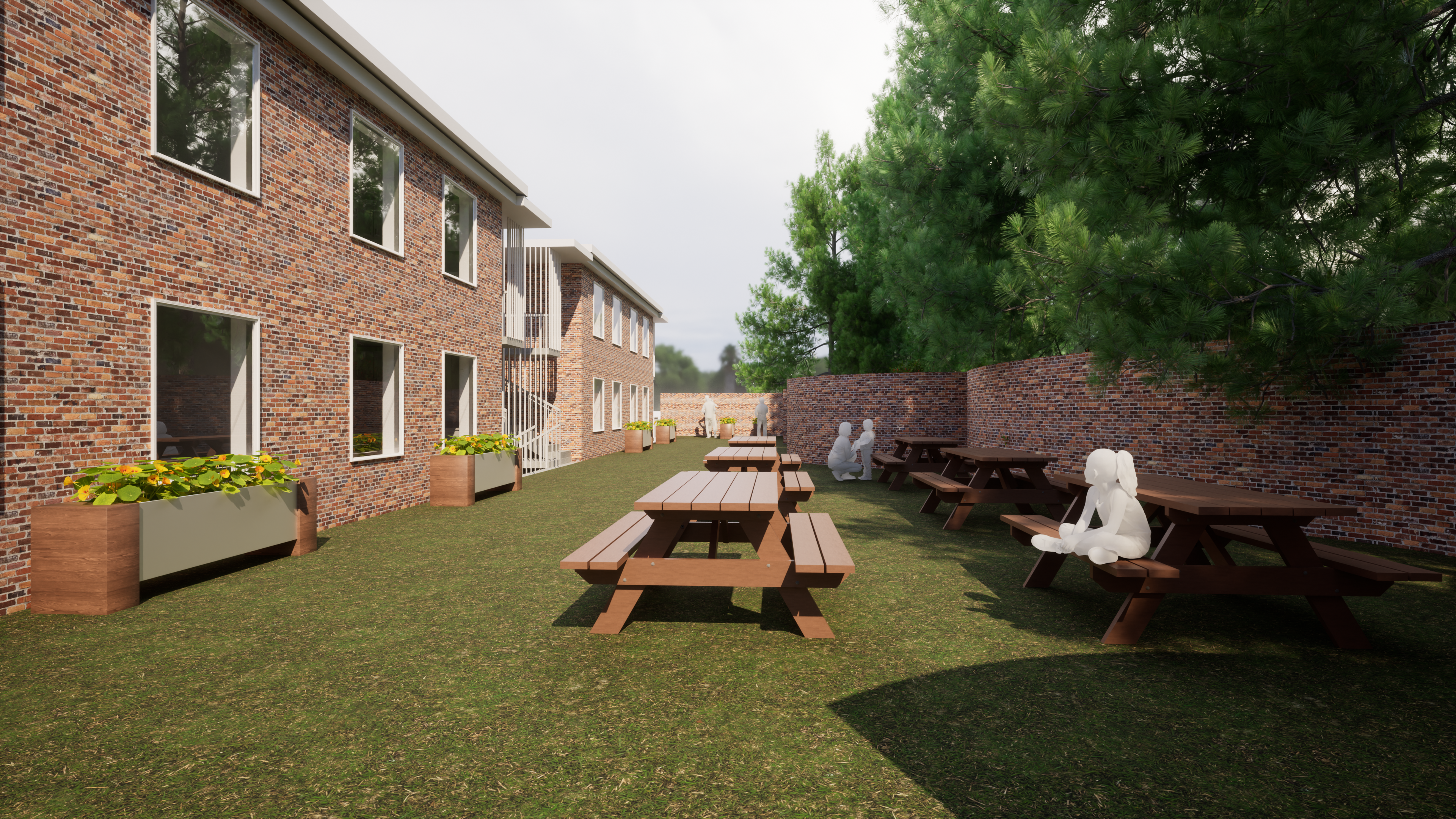 Exterior perspective highlighting the connection of all three sites through an expansive green space, which is composed of a community garden, outdoor dining, and a playground.