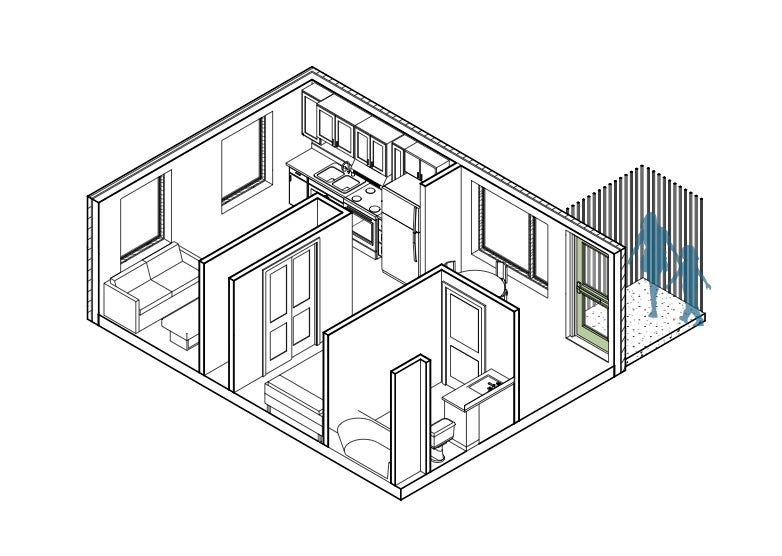 Typical unit axon displaying how an individual would access private space through their own personalized front door. 