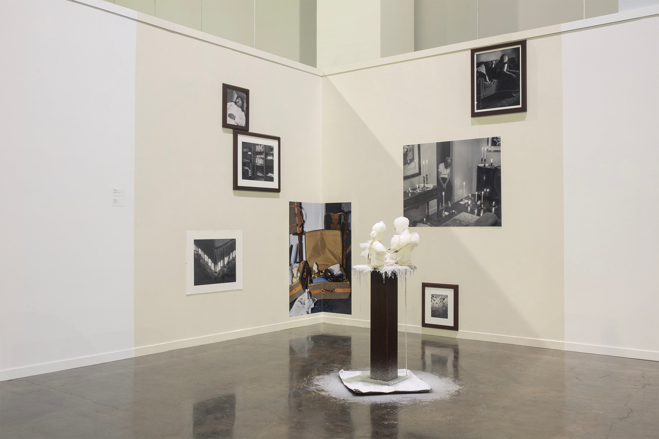 Installation of unframed and framed photographs in a gallery corner, with a wax sculpture front.