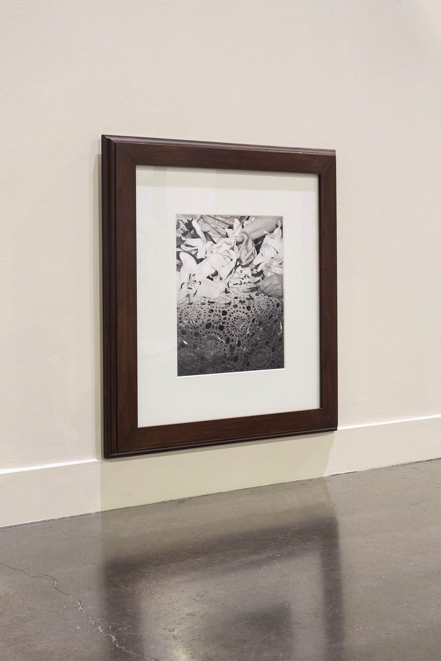 Framed black and white photograph of lilies on a table.