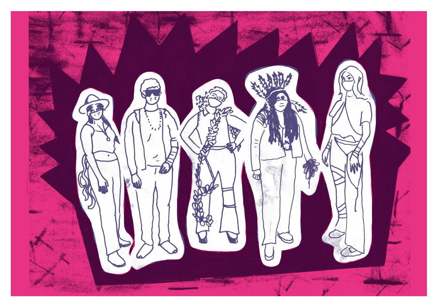 a pink background with maroon background with five figures drawn in with lines. Left to right. A girl wearing a mask, cowboy hat, crop top and pants; A boy a sweater and pants wearing a beads and sunglasses; a figure in a mask with pants and a cropped top with a strand of leafy greens winding around their body; a figure with long dark hair, a feather crown, pants and sweater hold a ball of yarn; a female figure with shoulder length hair wear a short sleeve shirt and pants with ribbons and chains. 