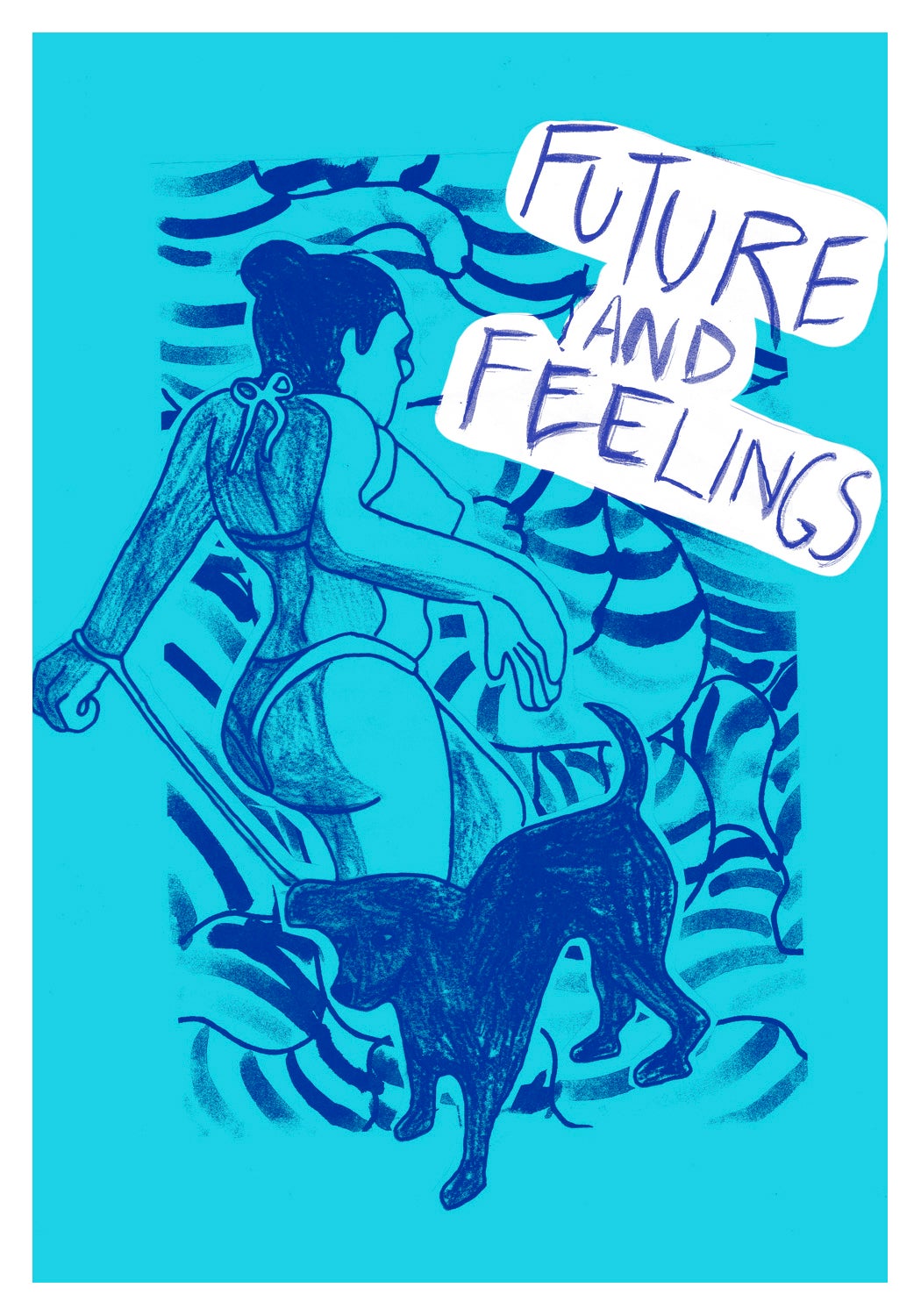 a figure in a biniki walking a dog into a swirling depth and the words "future and feelings" on the upper right