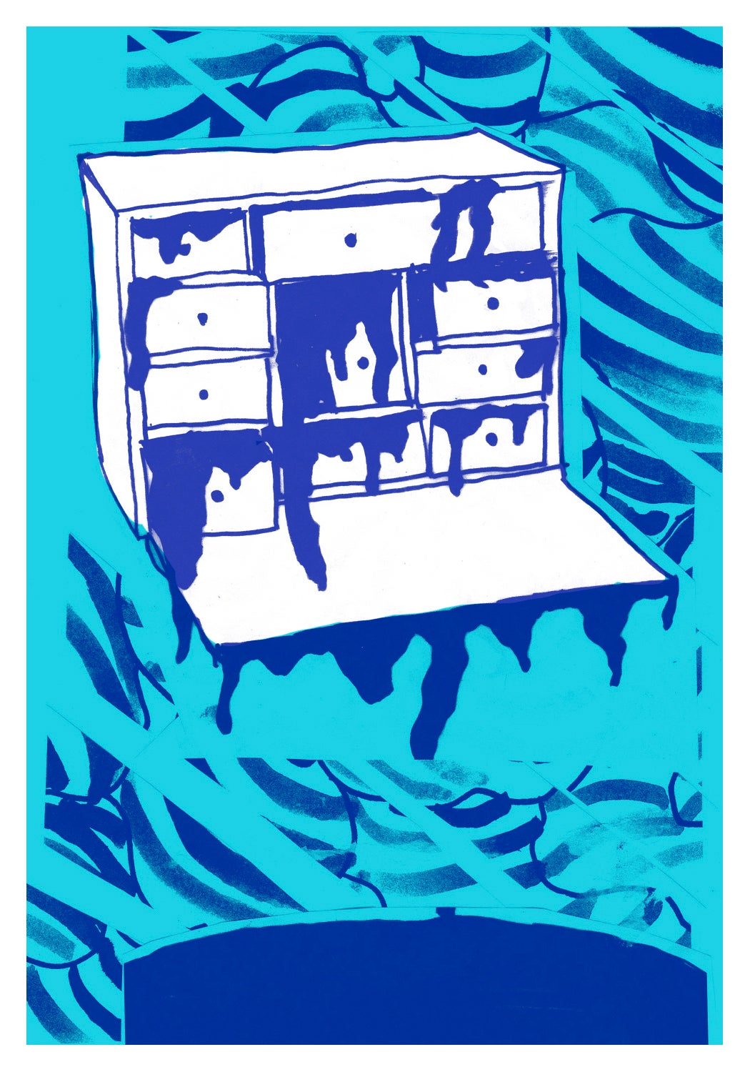 All in blue tones a chest of draws is dripping liquid on a swirling lined background