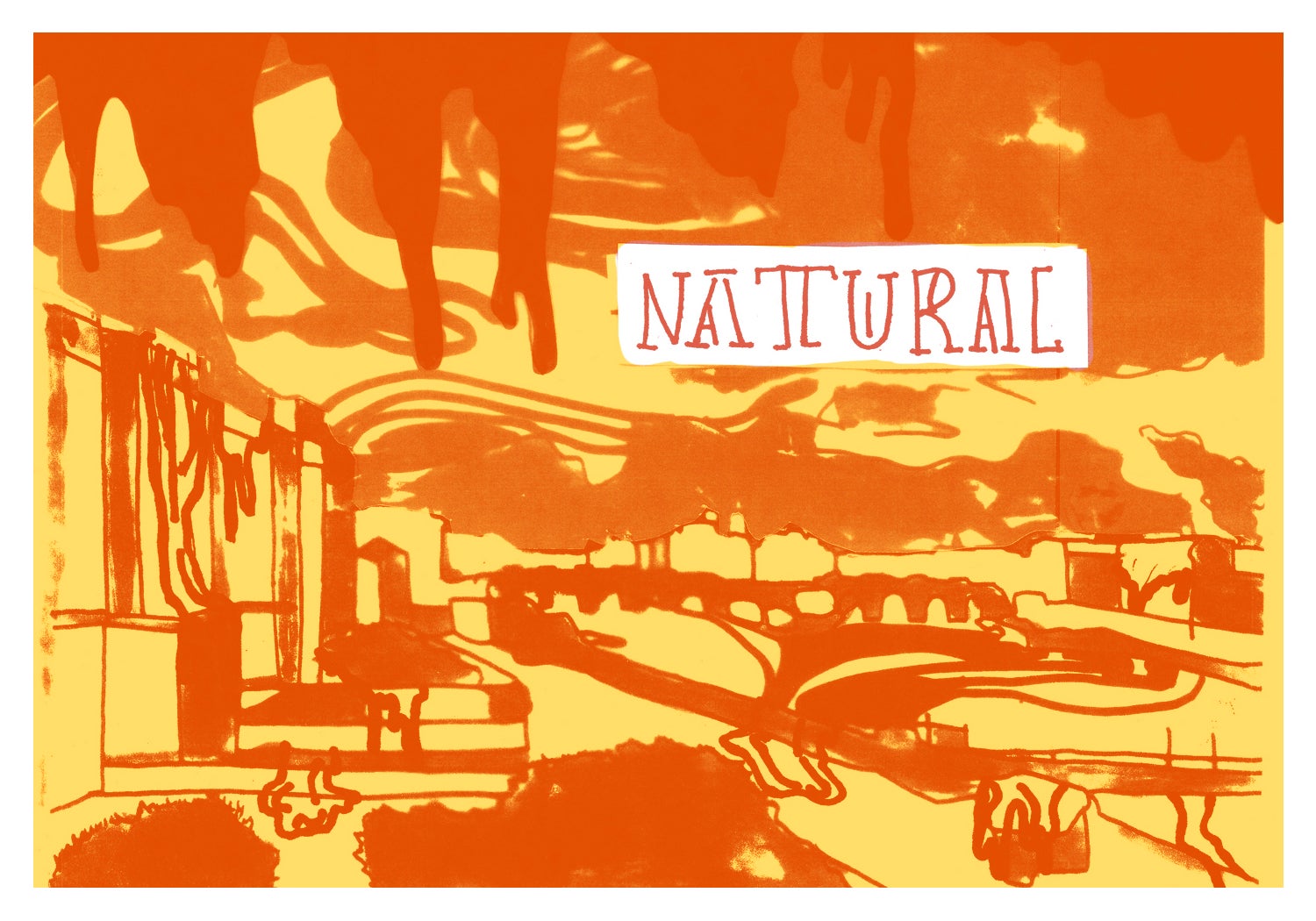 All in orange a river scene with buildings dripping liquid