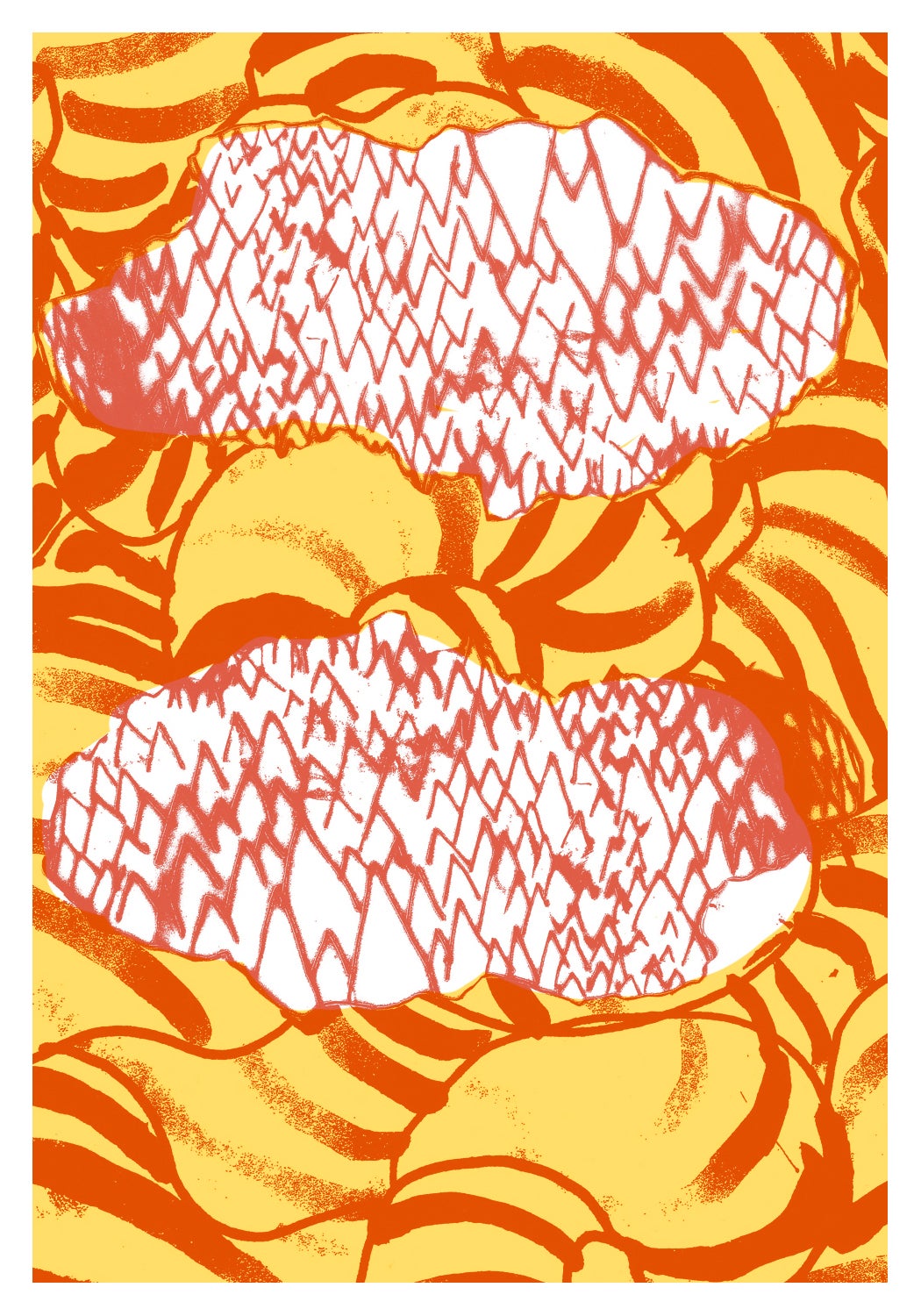 two spikey shapes on a swirling background