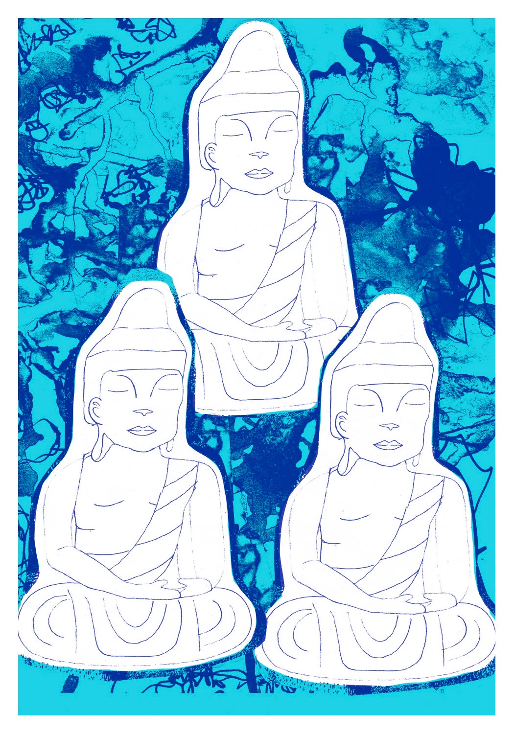 Three sitting buddhas on drippy paint background