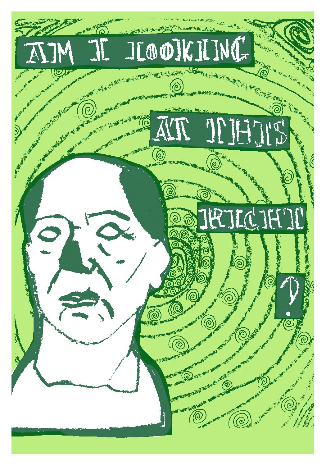 a spiral background with a drawing of old greek statue and the words "am I looking at this right?"