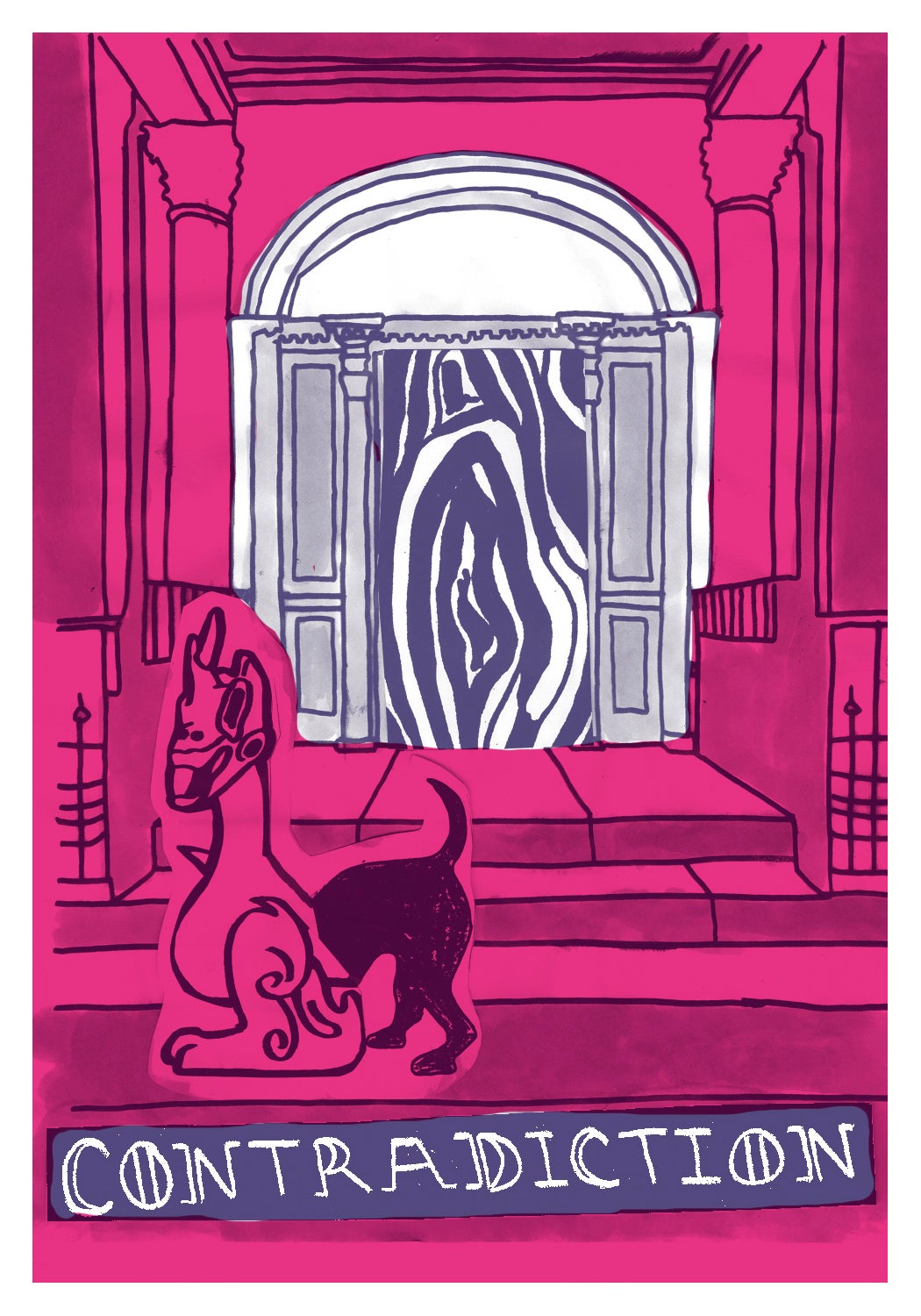 In pinks and purples there is half dragon half dog standing in front of a doorway with swirling portal, the words contradiction along the bottom. 