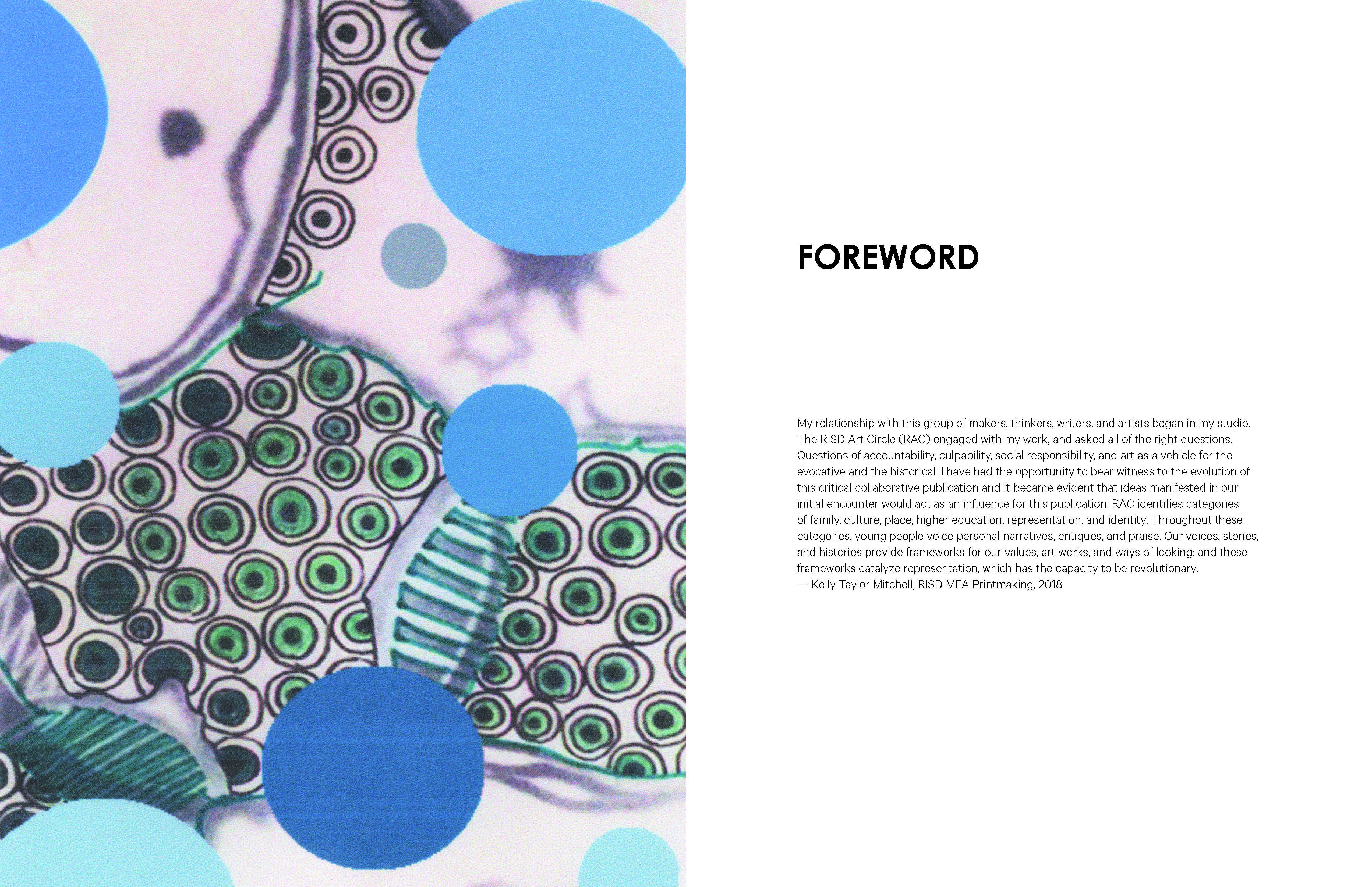Left side of page has circular shapes and words on the right